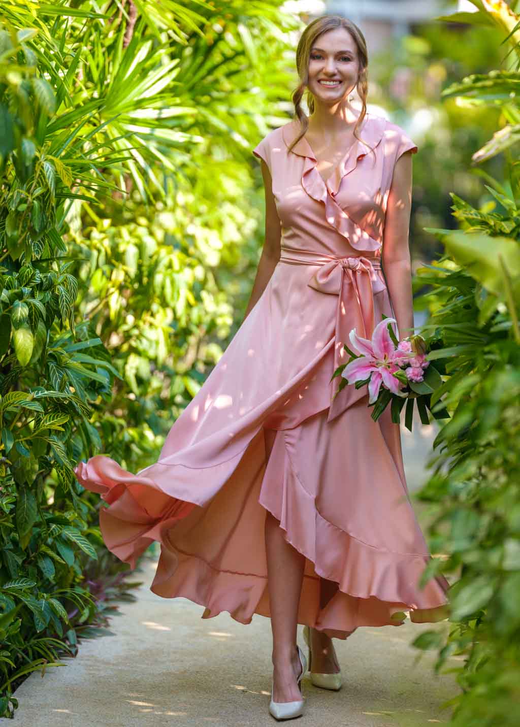 Blush pink wrap silk dress