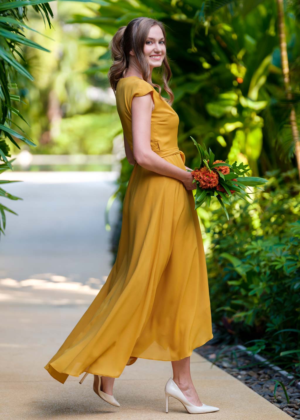 Gold chiffon wrap dress