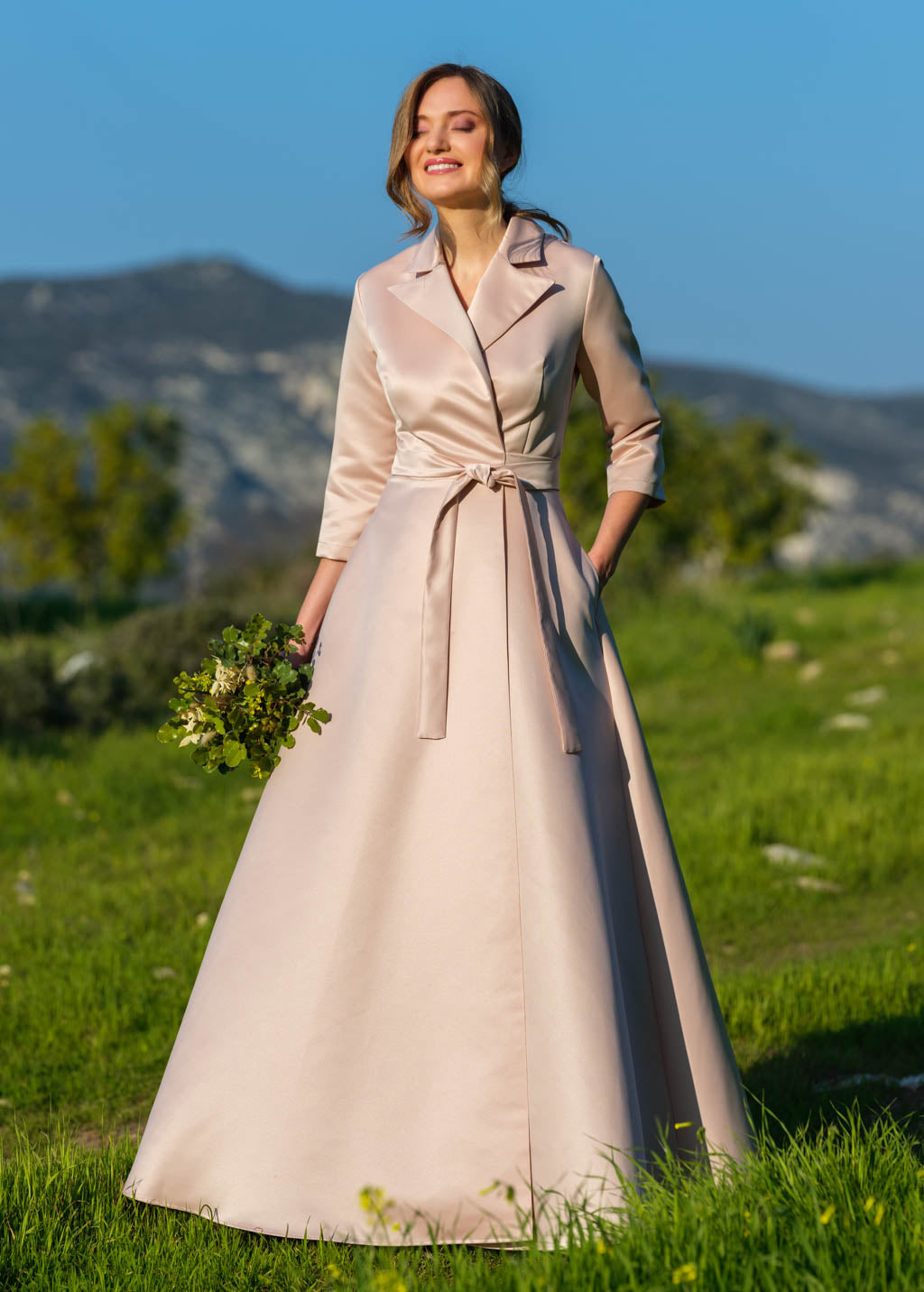 Champagne beige wrap luxury satin dress