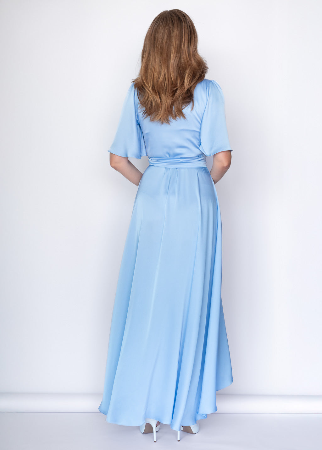Sky blue silk long wrap dress