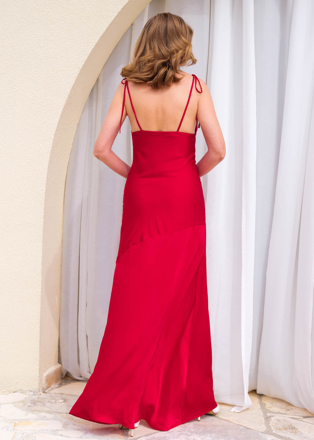 Red silk slit dress