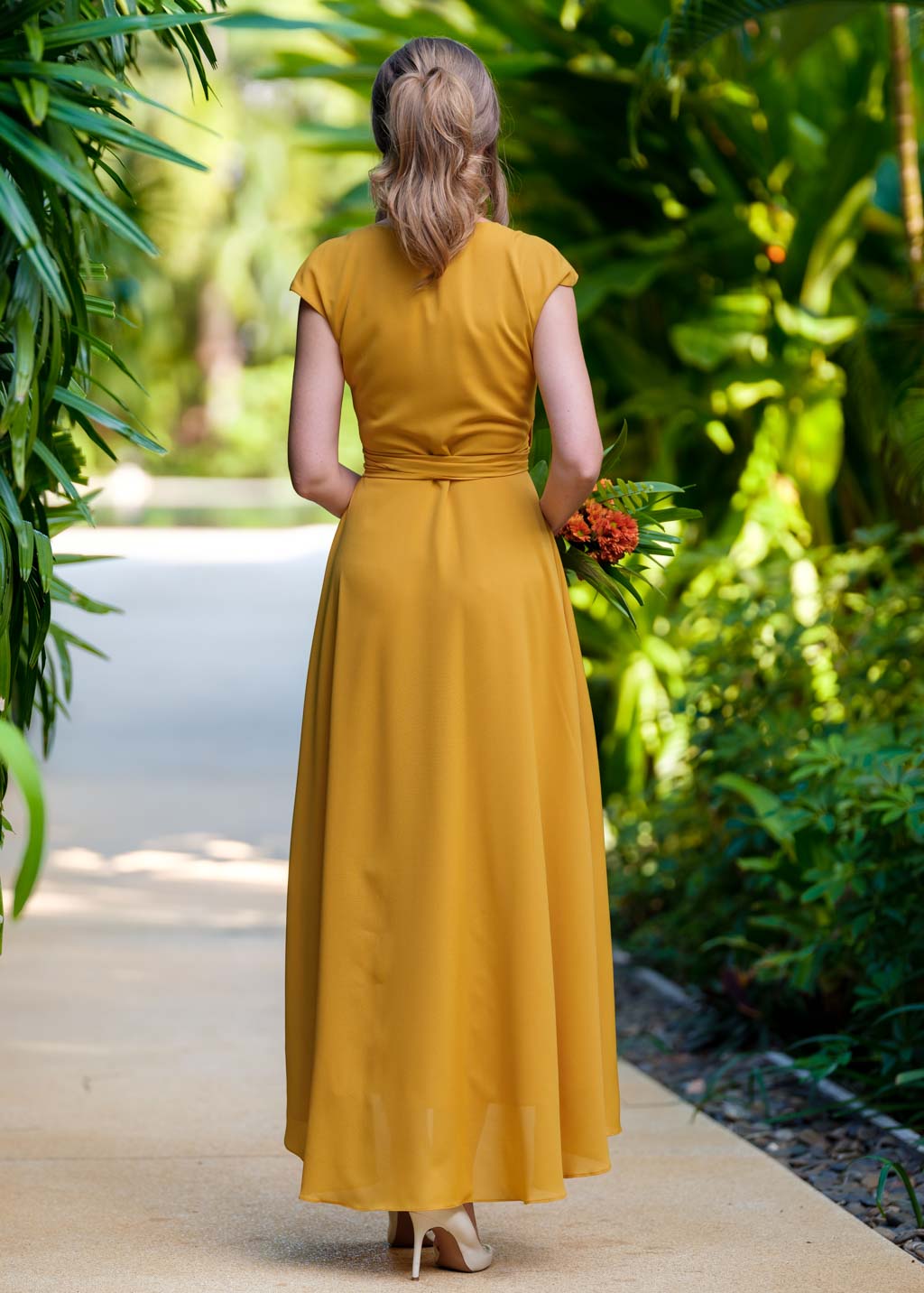 Gold chiffon wrap dress