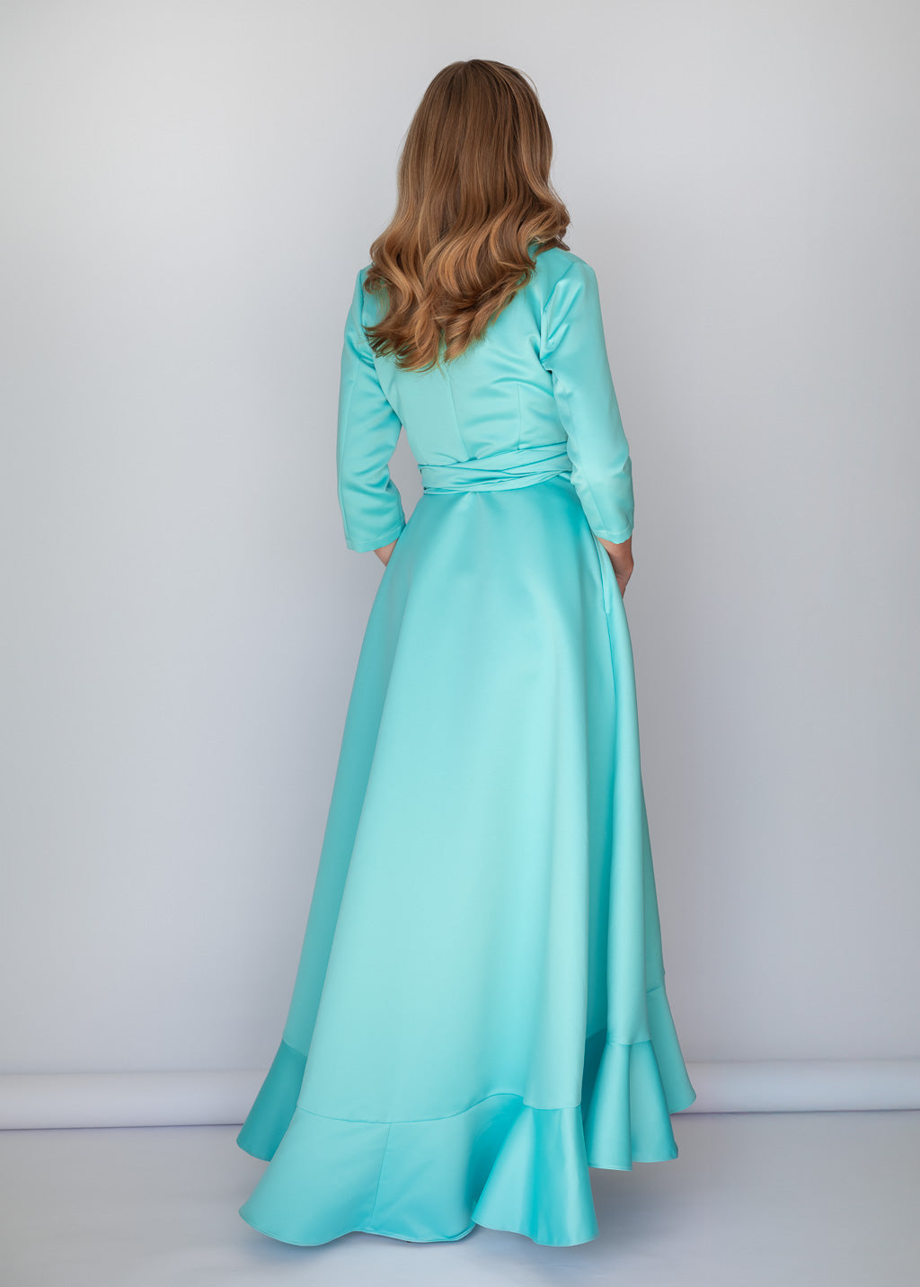 Light Mint Satin Wrap Long Ruffle Dress