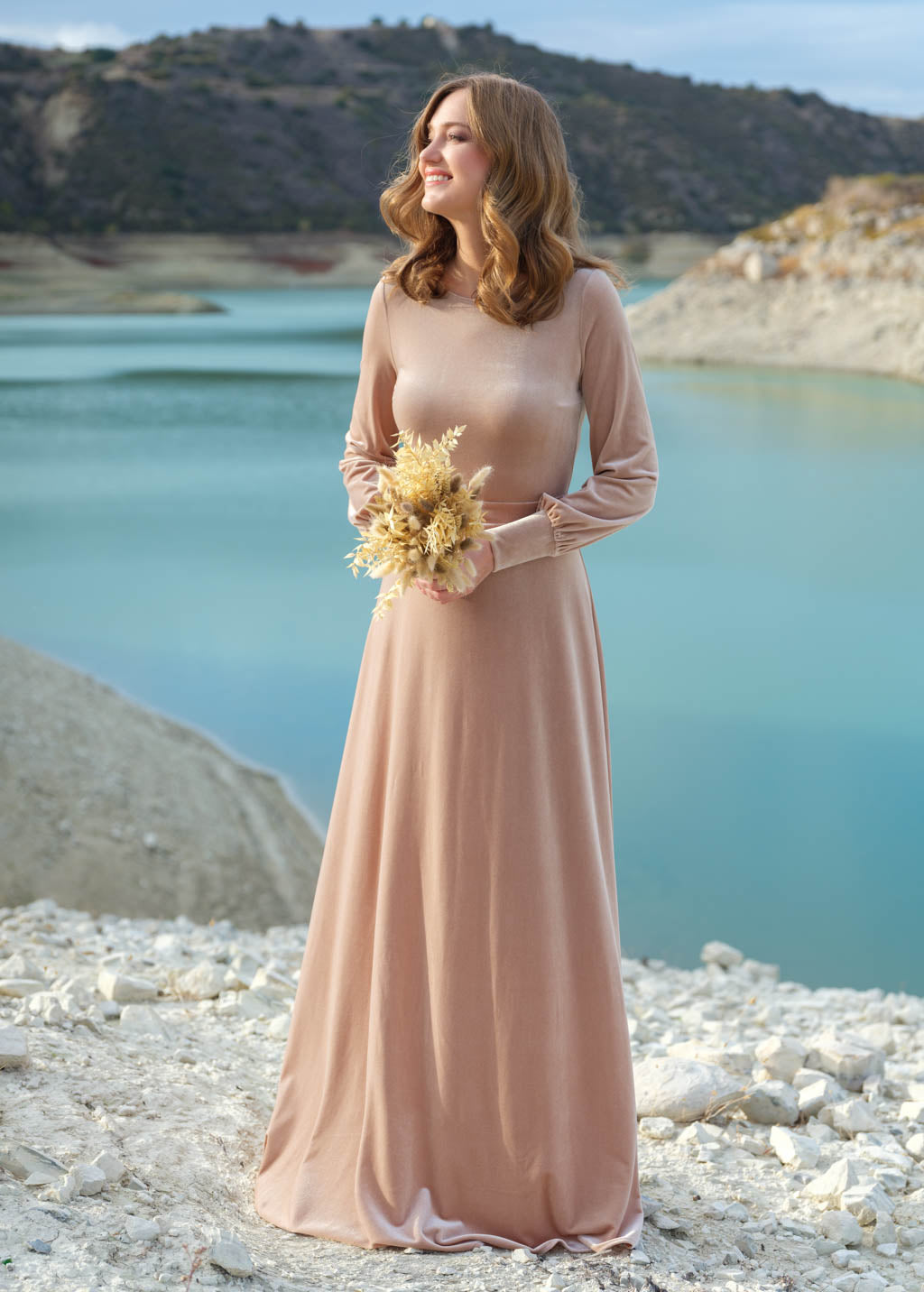 Champagne beige velvet long dress