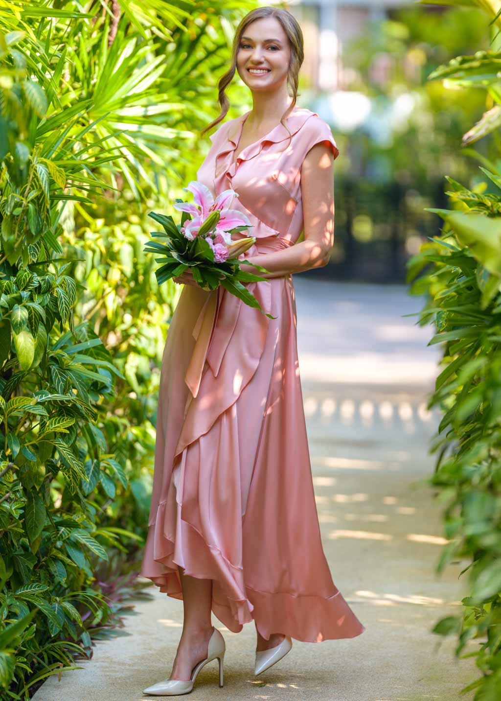 Blush pink wrap silk dress