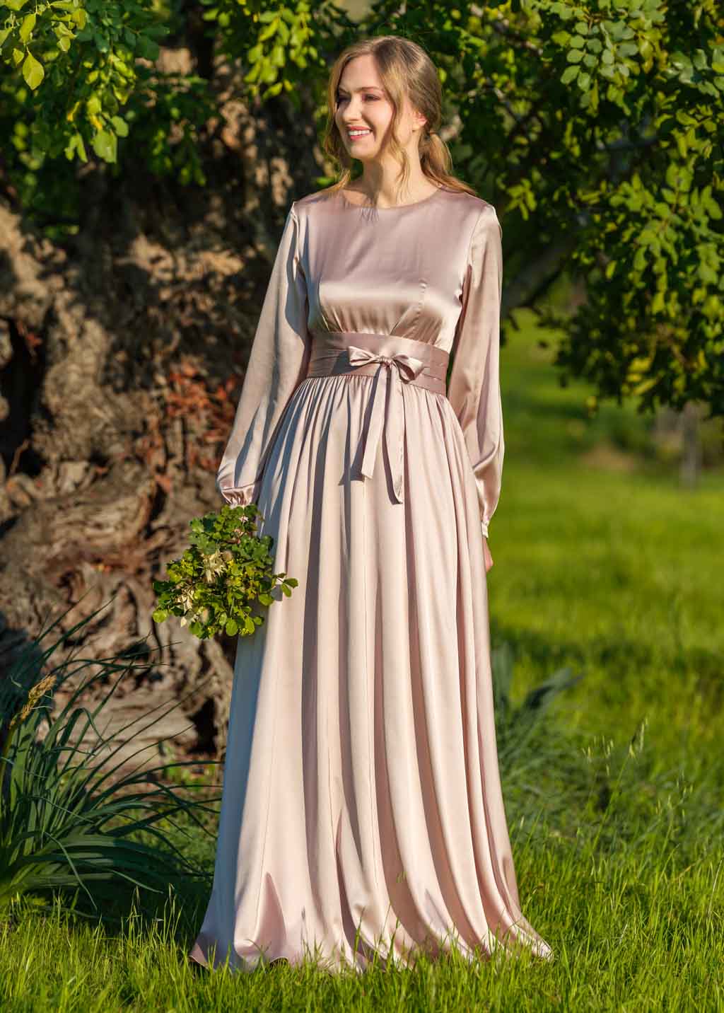 Champagne beige long silk dress with belt