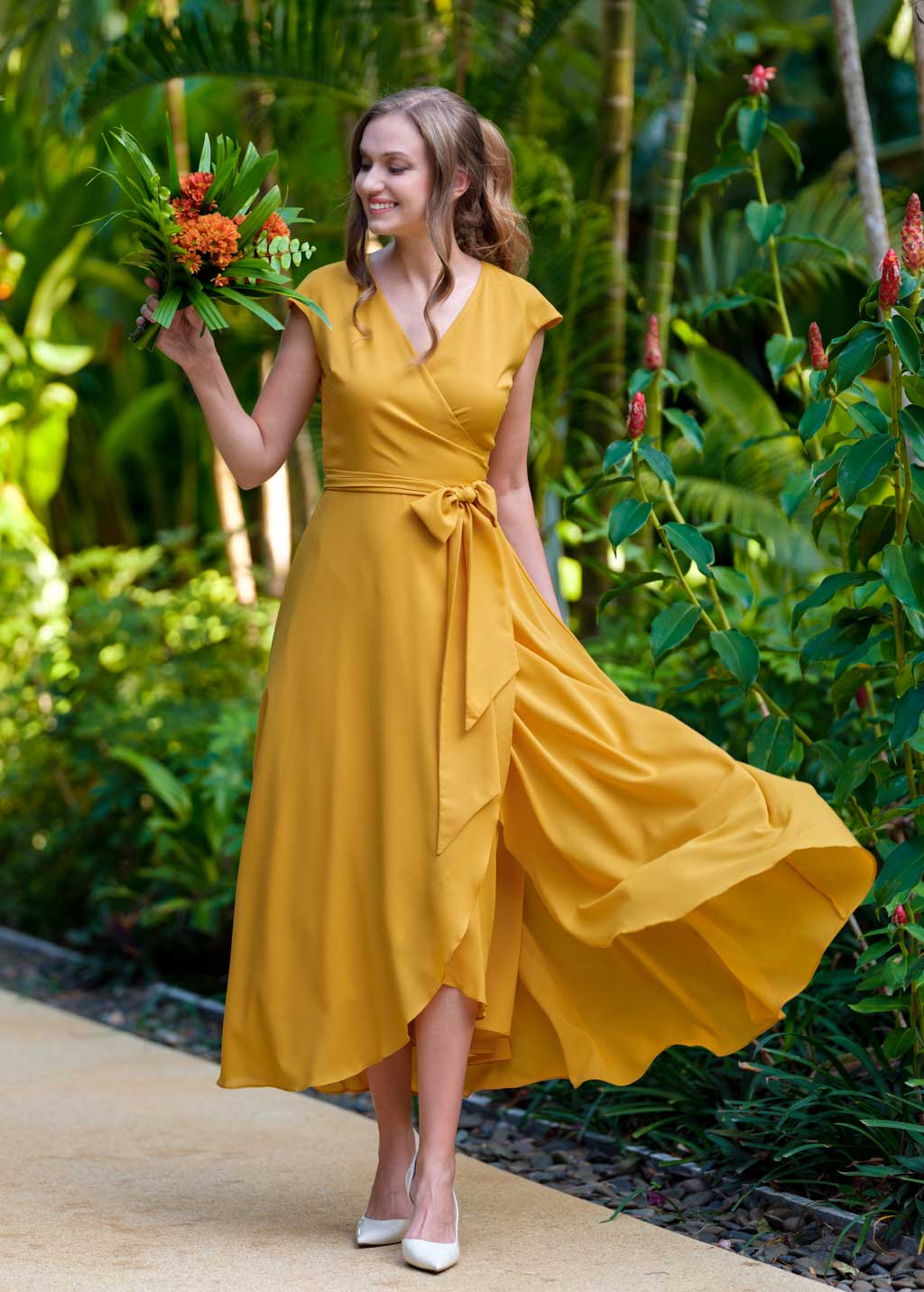 Gold chiffon wrap dress