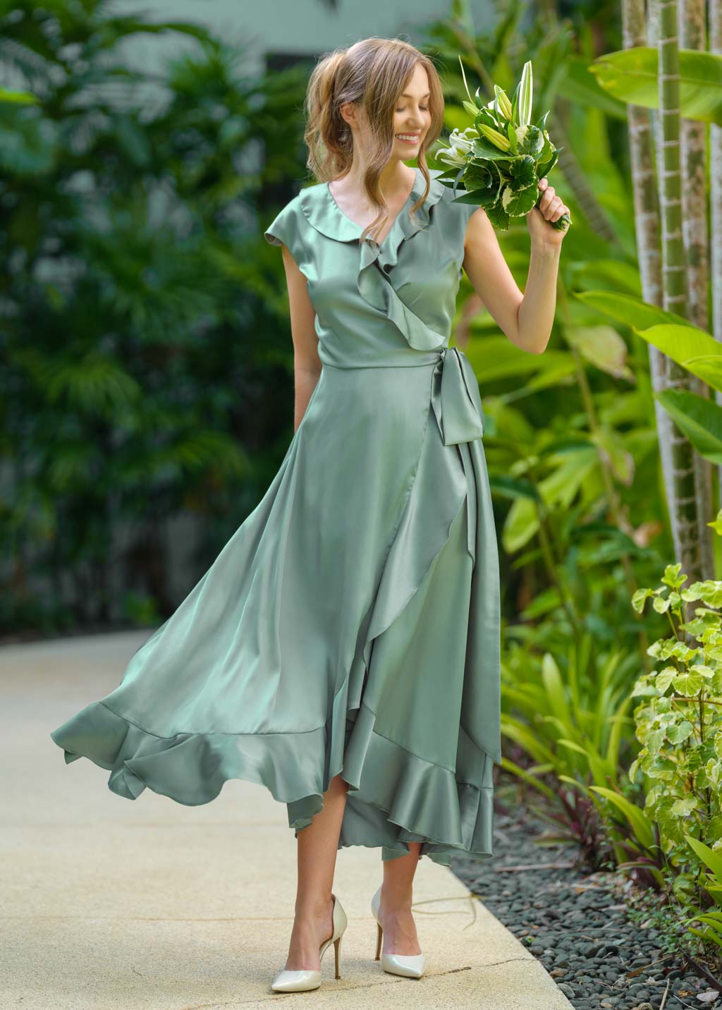 Sage green wrap silk dress