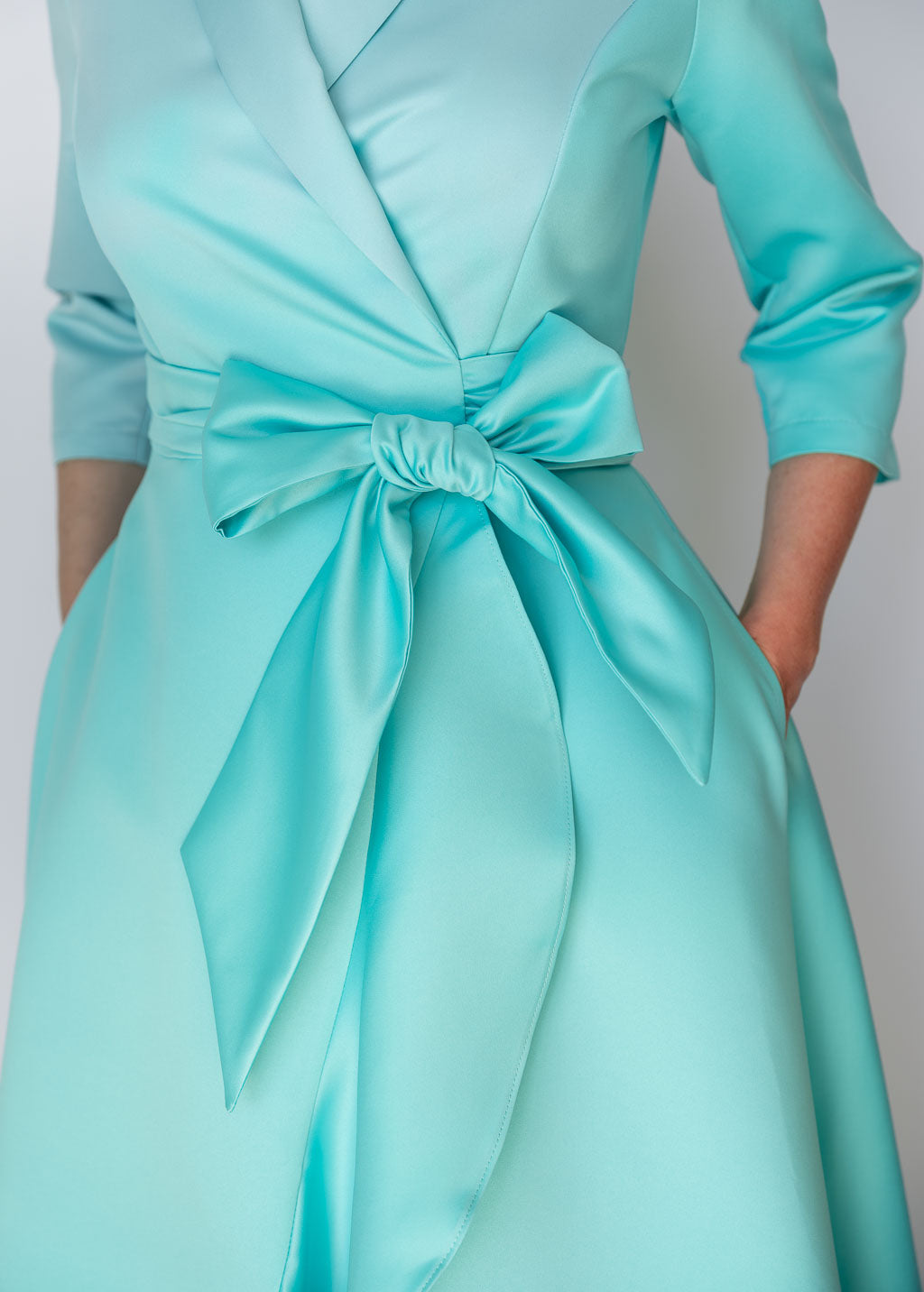 Light Mint Satin Wrap Long Ruffle Dress