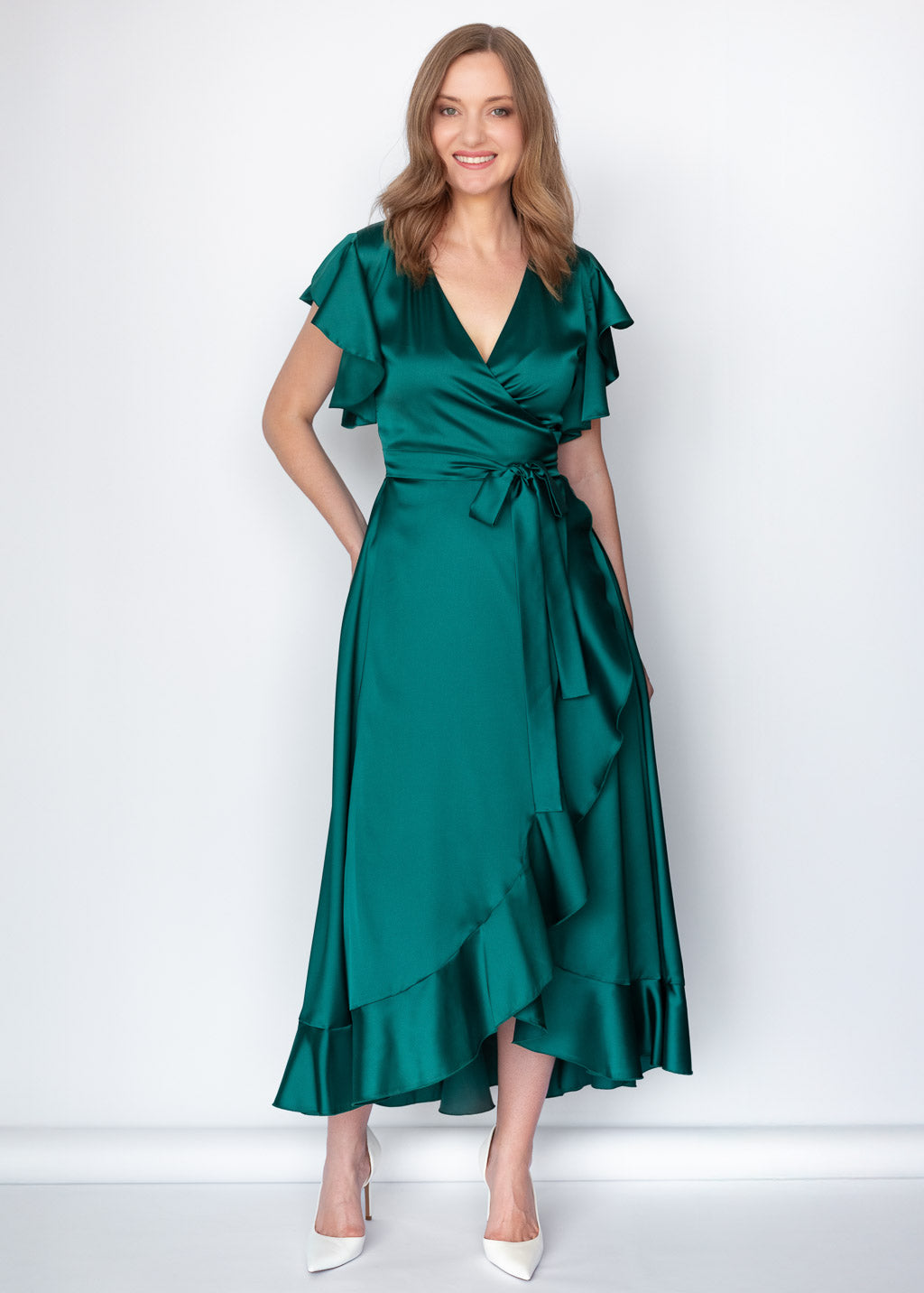 Dunkelgrünes Wickelkleid