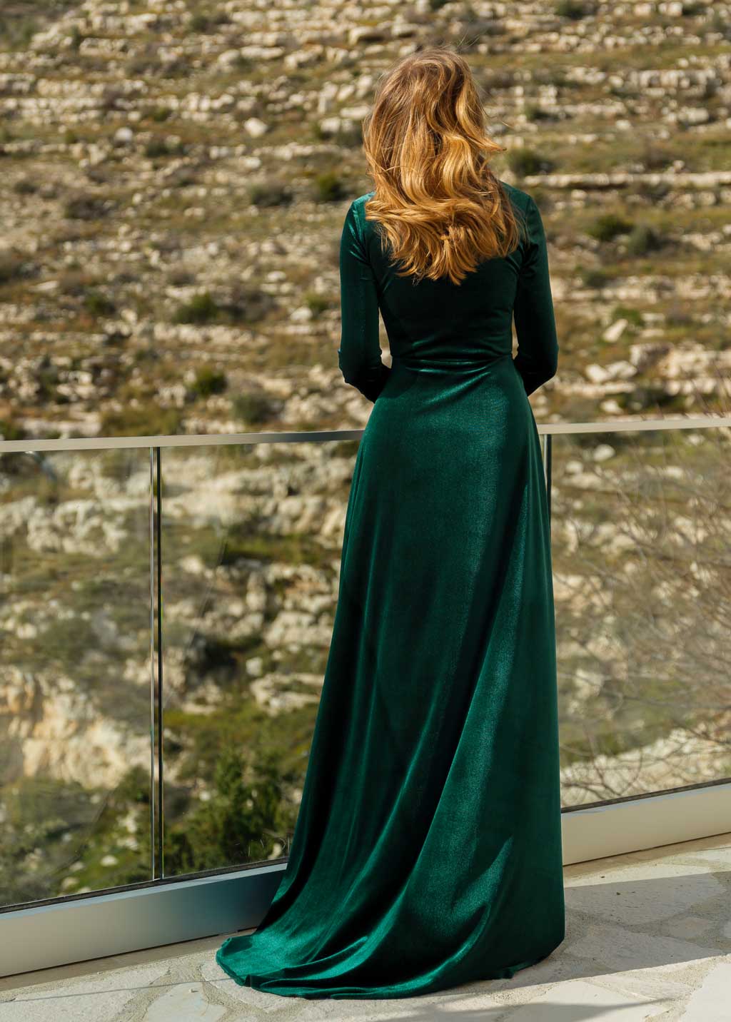 Emerald green velvet long dress with train