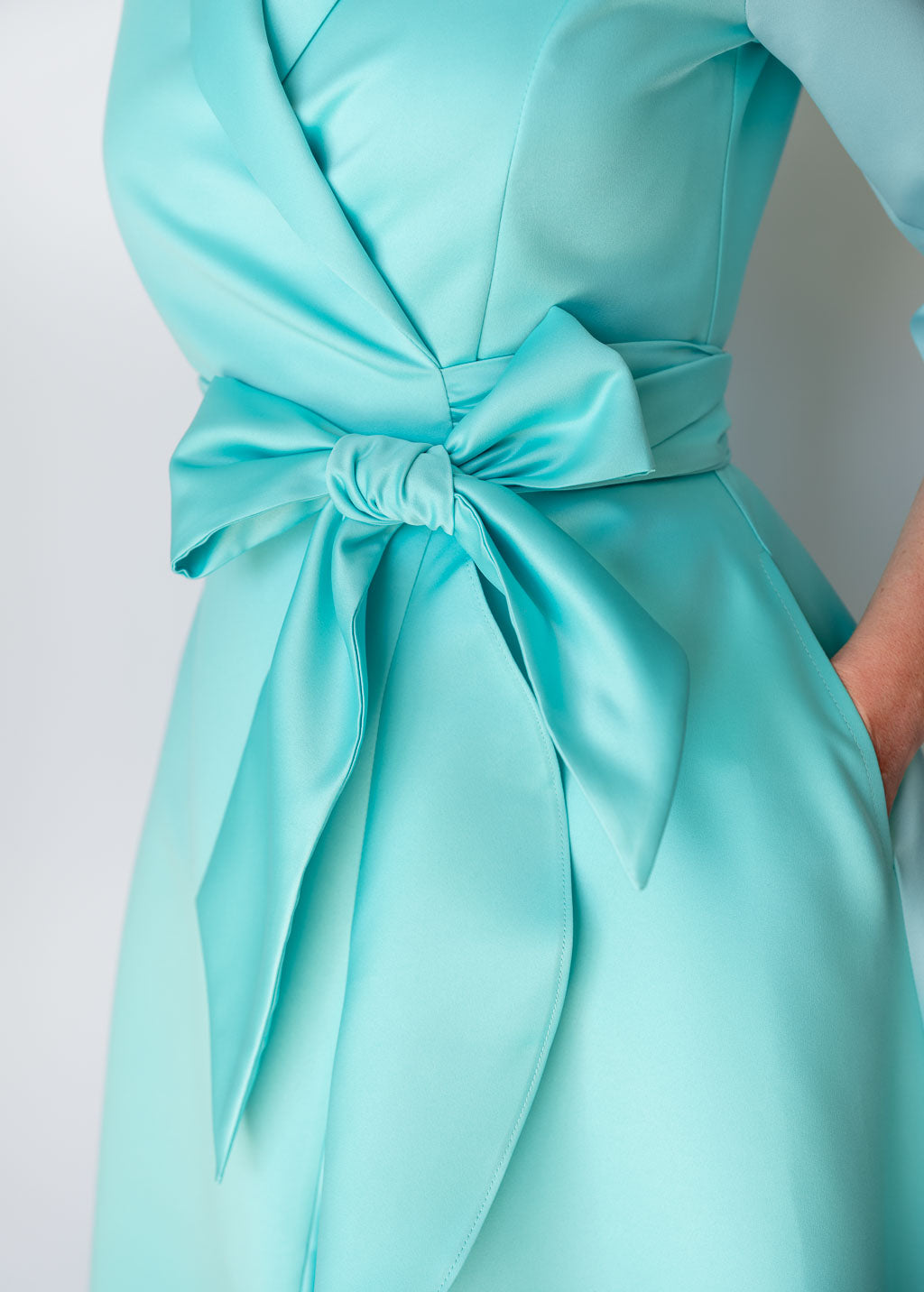 Light Mint Satin Wrap Long Ruffle Dress