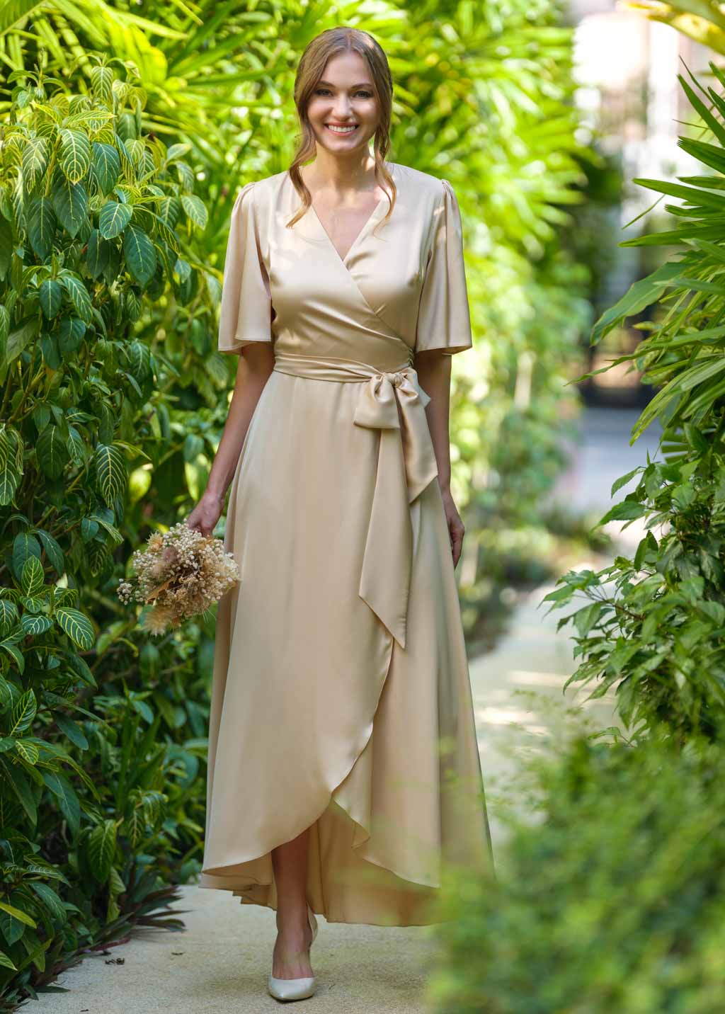 Champagne gold silk long wrap dress