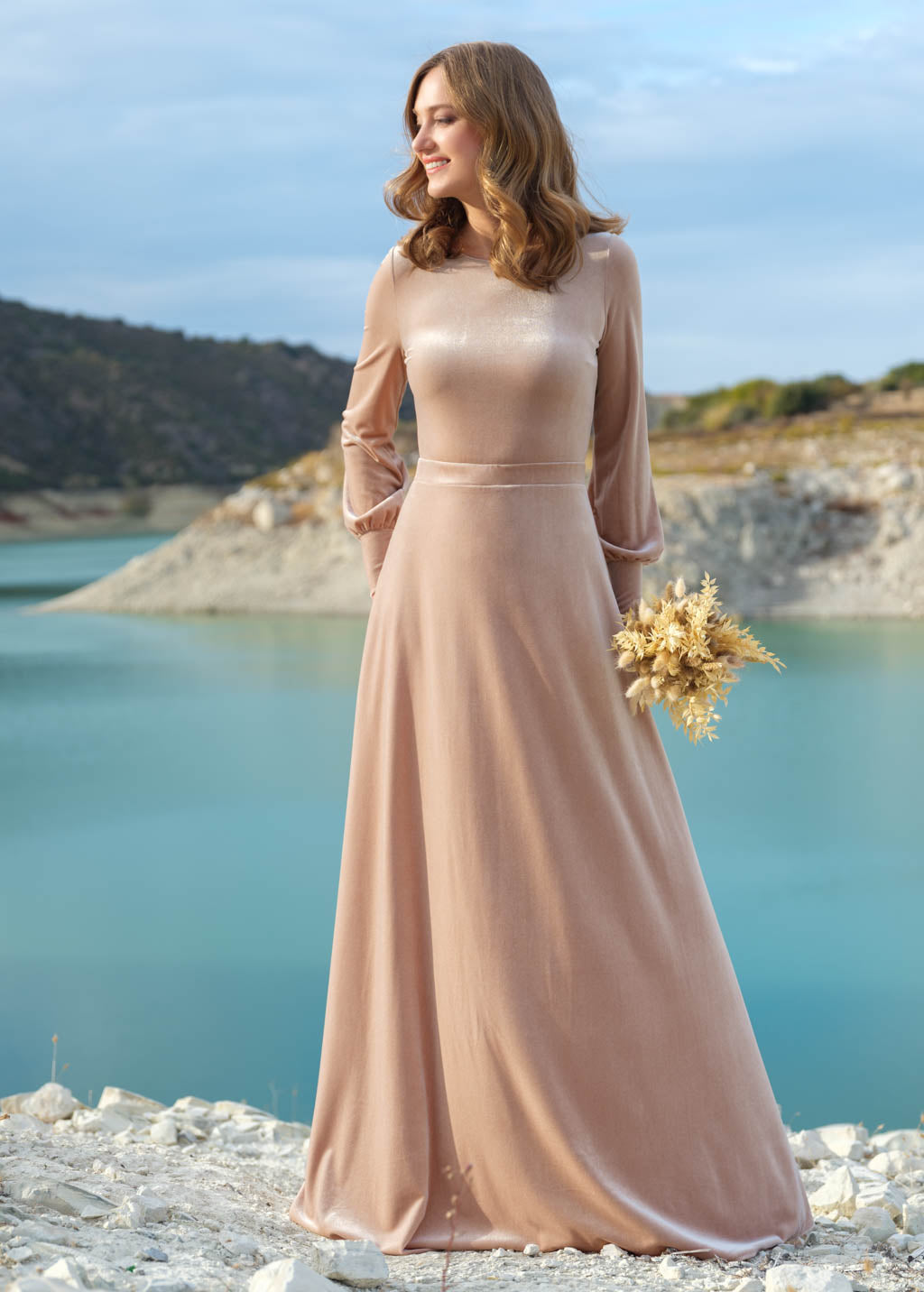 Champagne beige velvet long dress