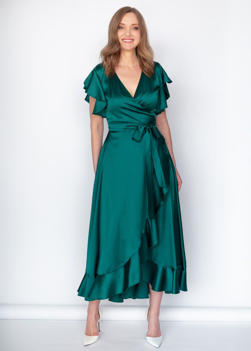 Dunkelgrünes Wickelkleid