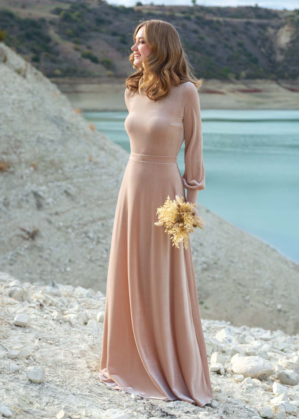 Champagne beige velvet long dress