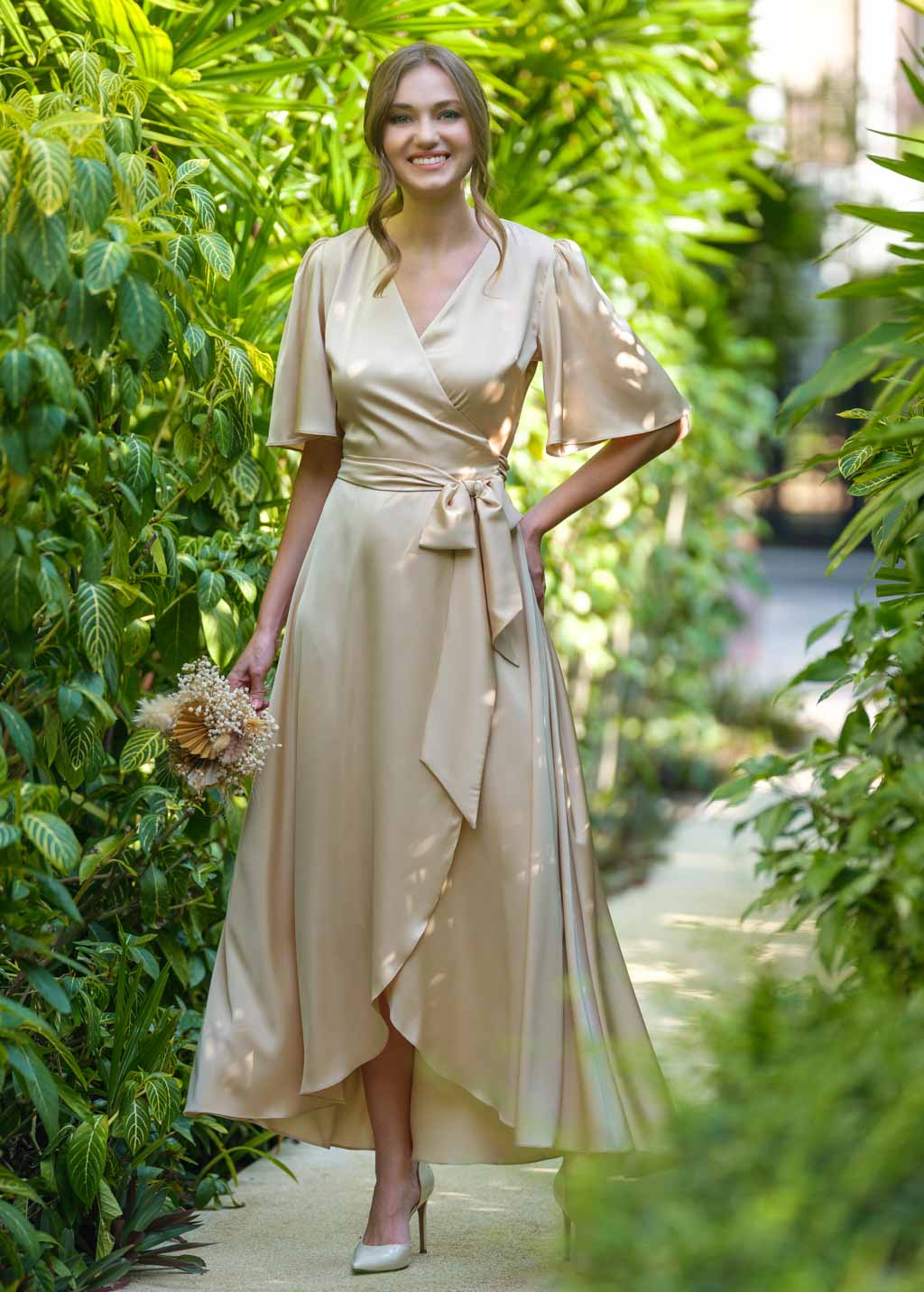 Champagne gold silk long wrap dress