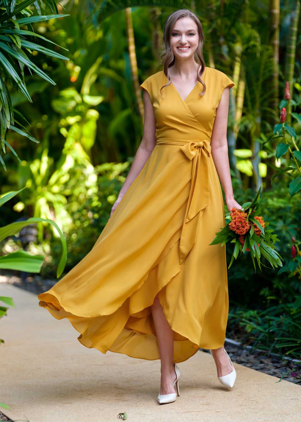 Gold chiffon wrap dress