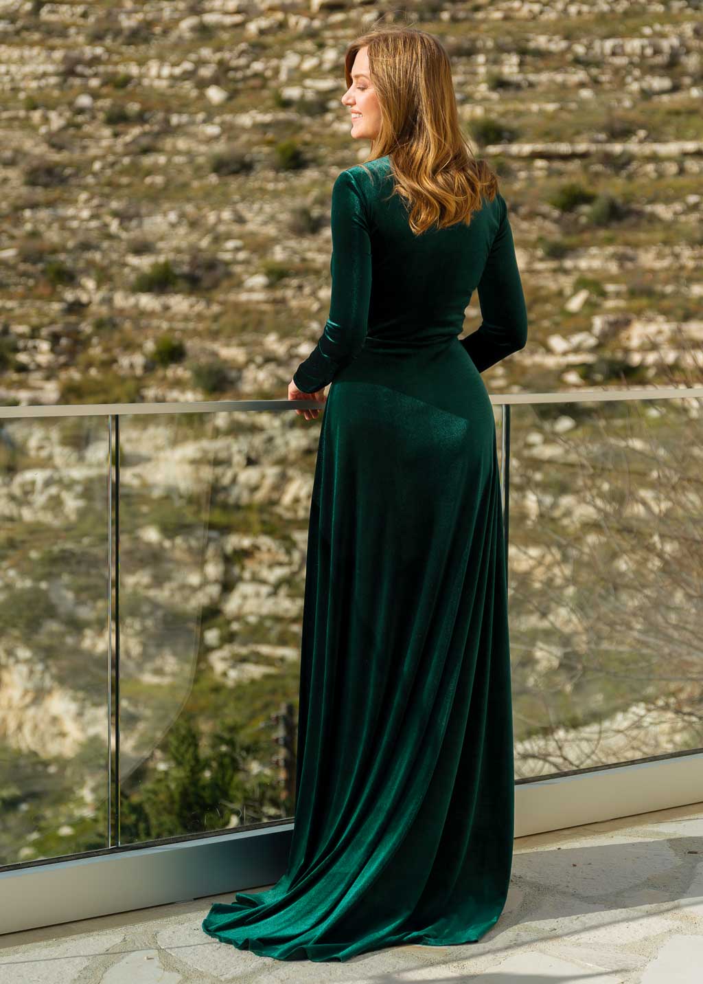 Emerald green velvet long dress with train