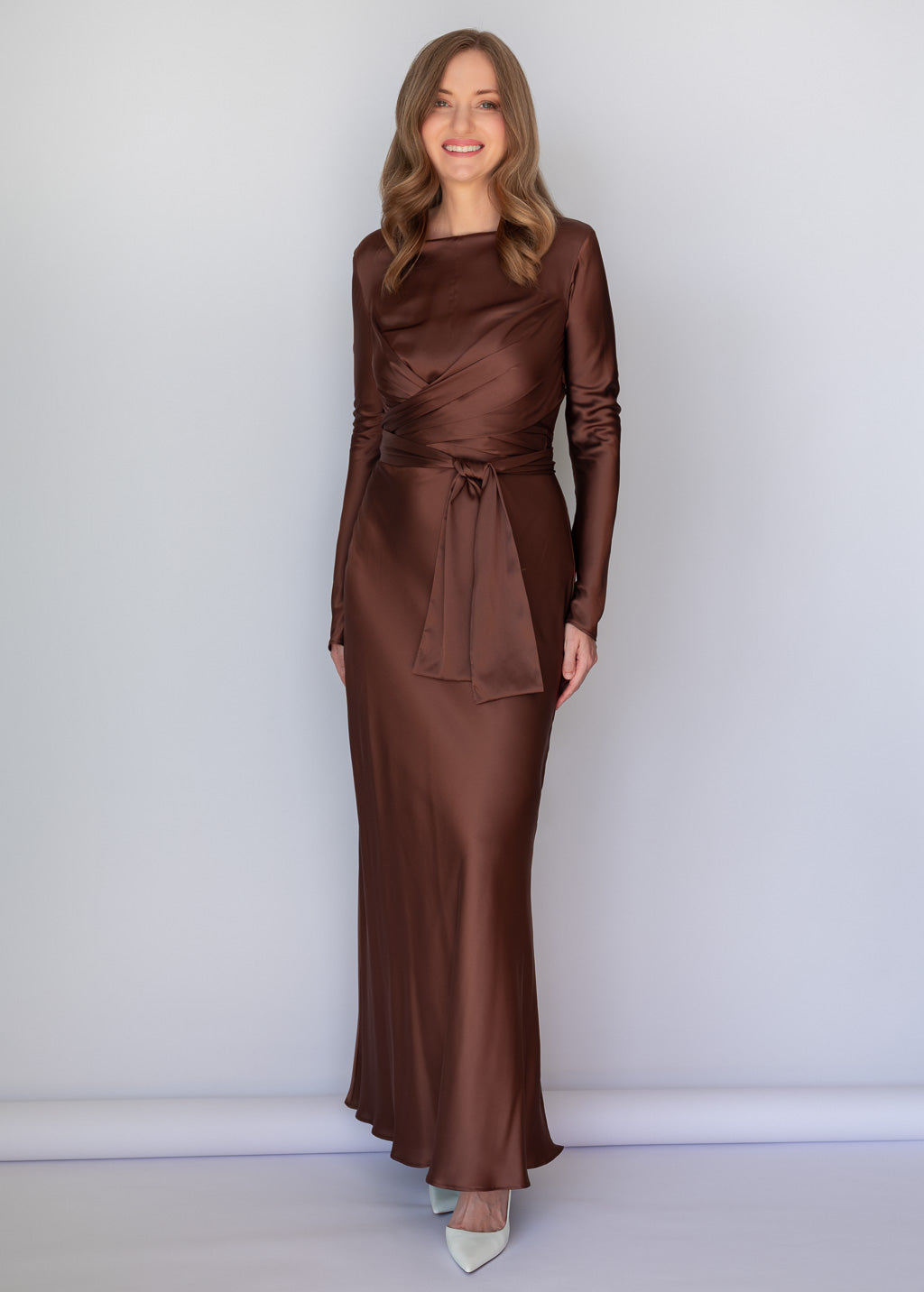 Chocolate Brown Versatile Belt Silk Long Dress