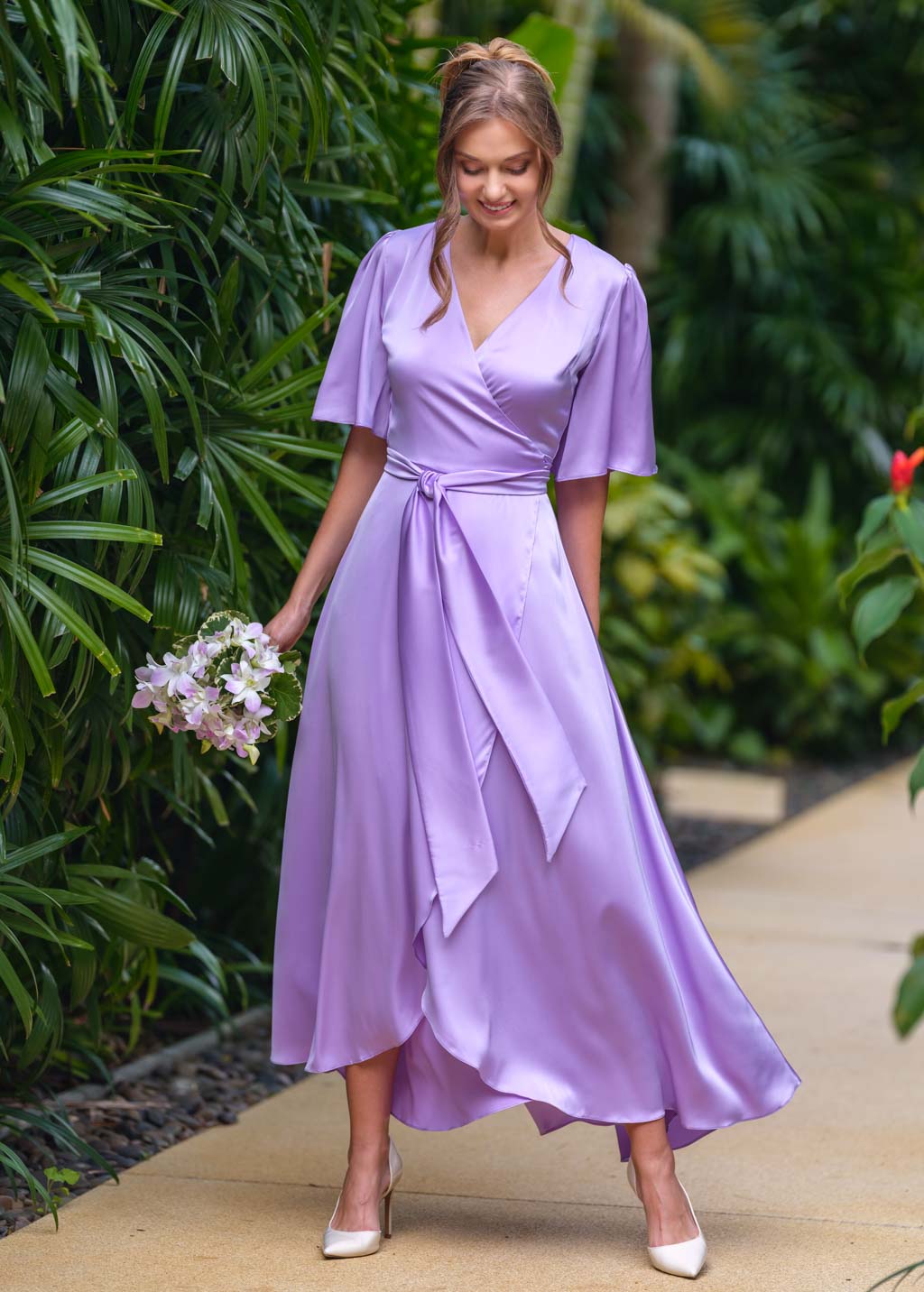 Lilac silk long wrap dress