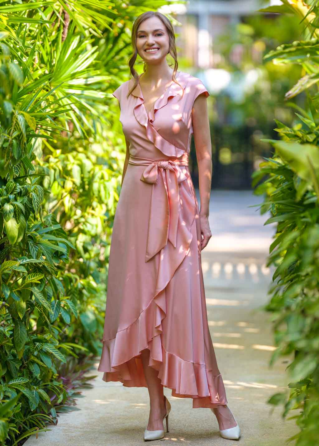 Blush pink wrap silk dress