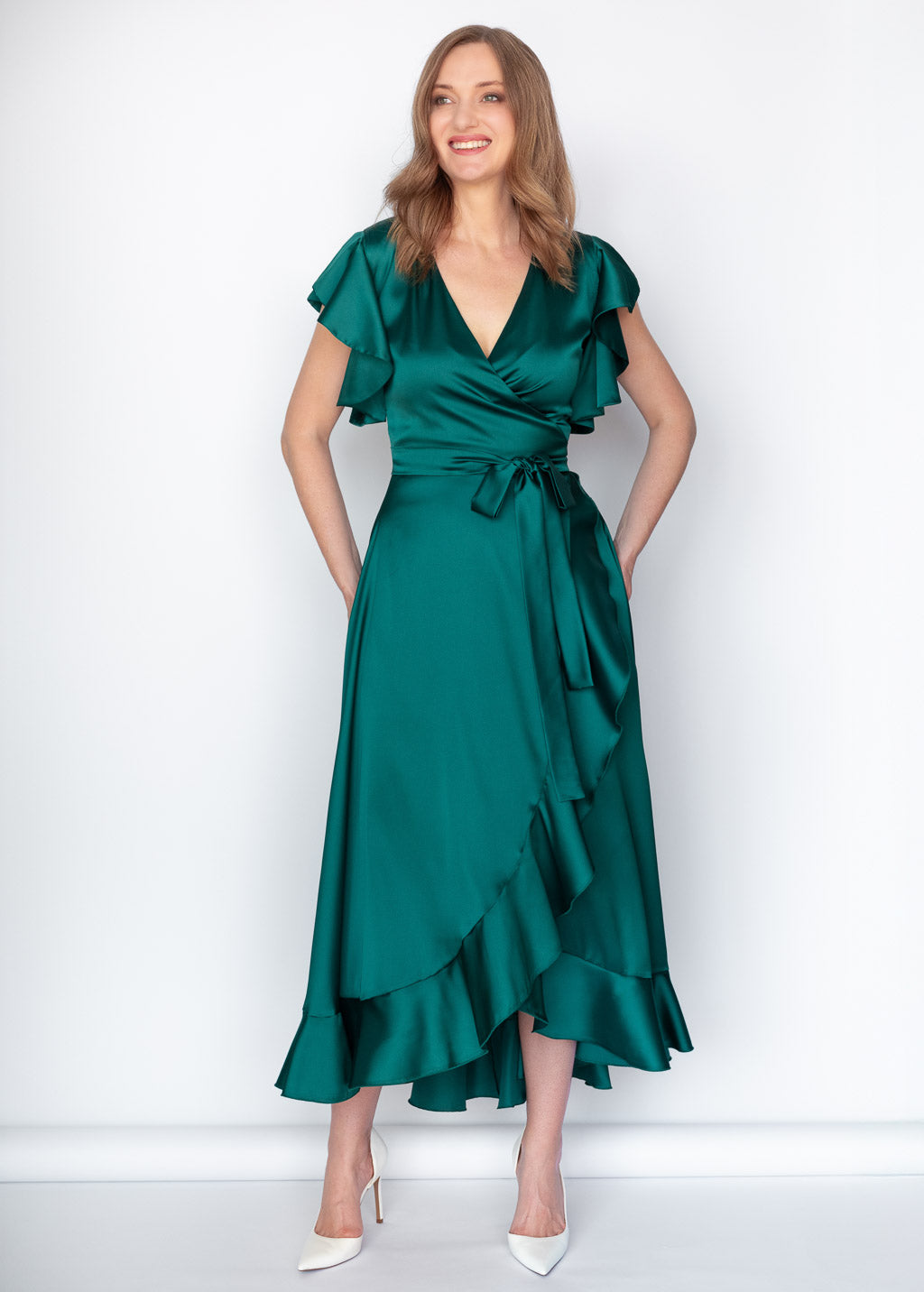 Dunkelgrünes Wickelkleid