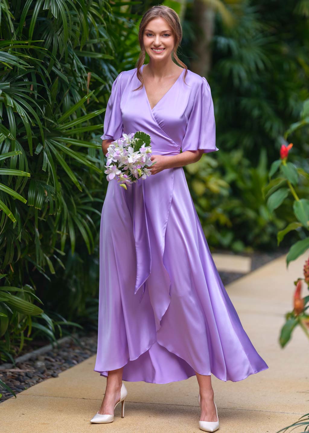Lilac silk long wrap dress