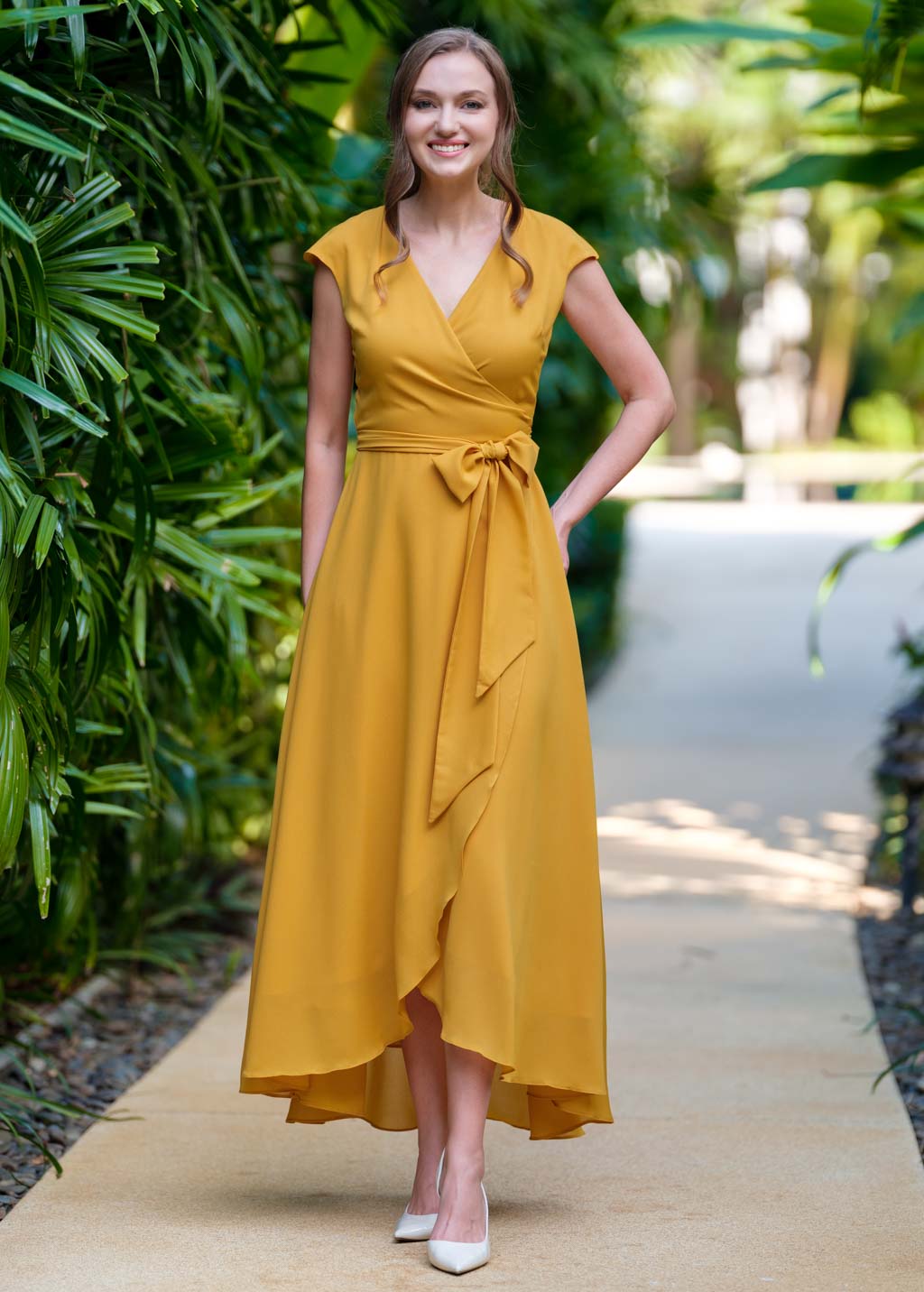 Gold chiffon wrap dress
