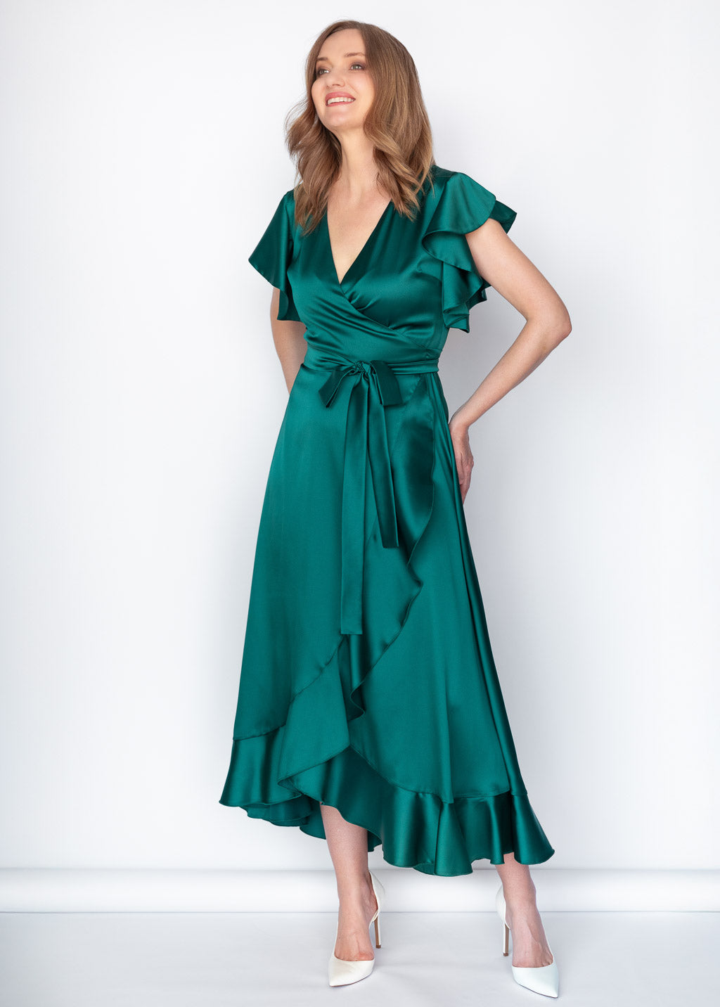 Dunkelgrünes Wickelkleid