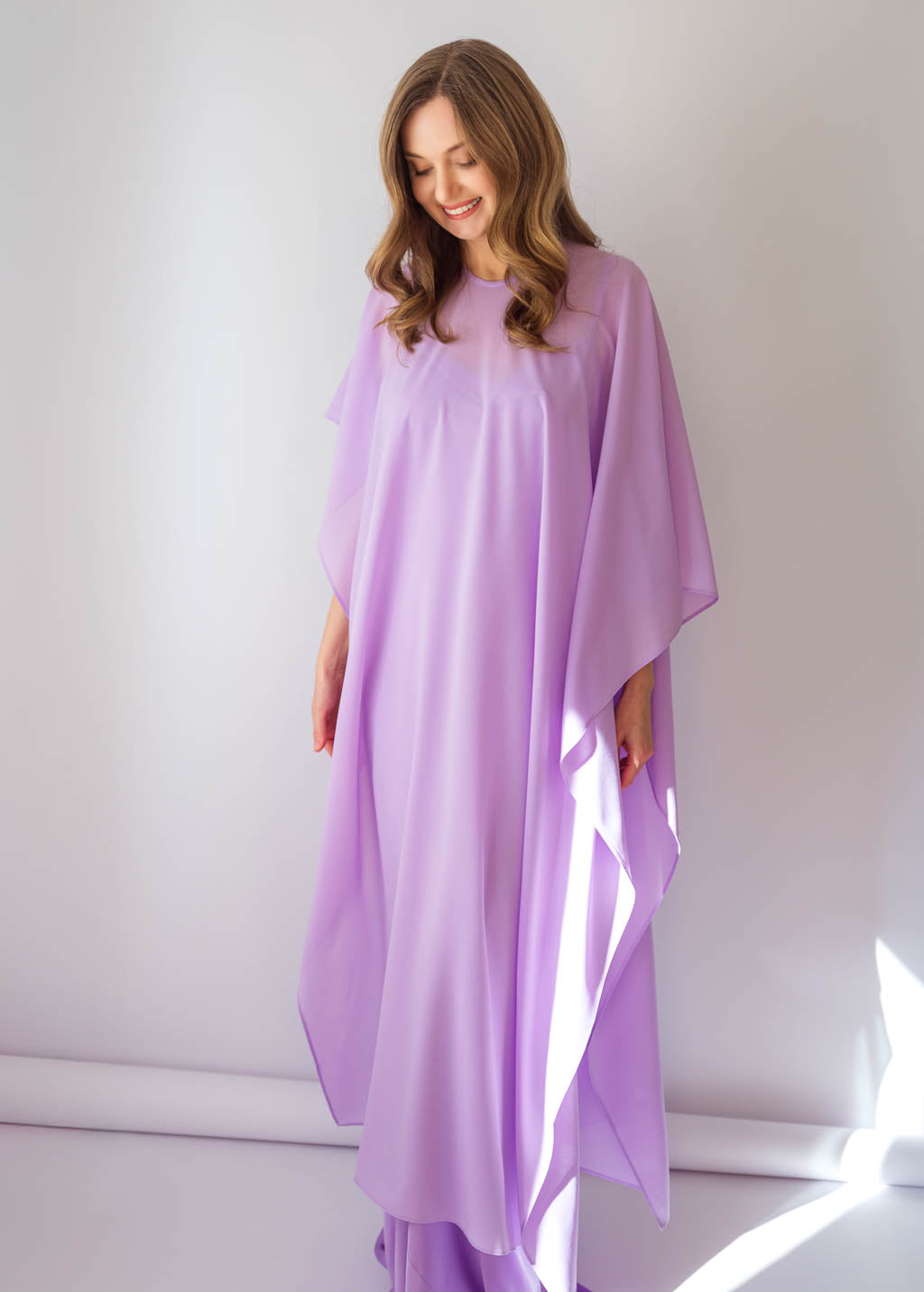 Lilac Bias Cut Silk Satin Maxi Dress with Chiffon Cape