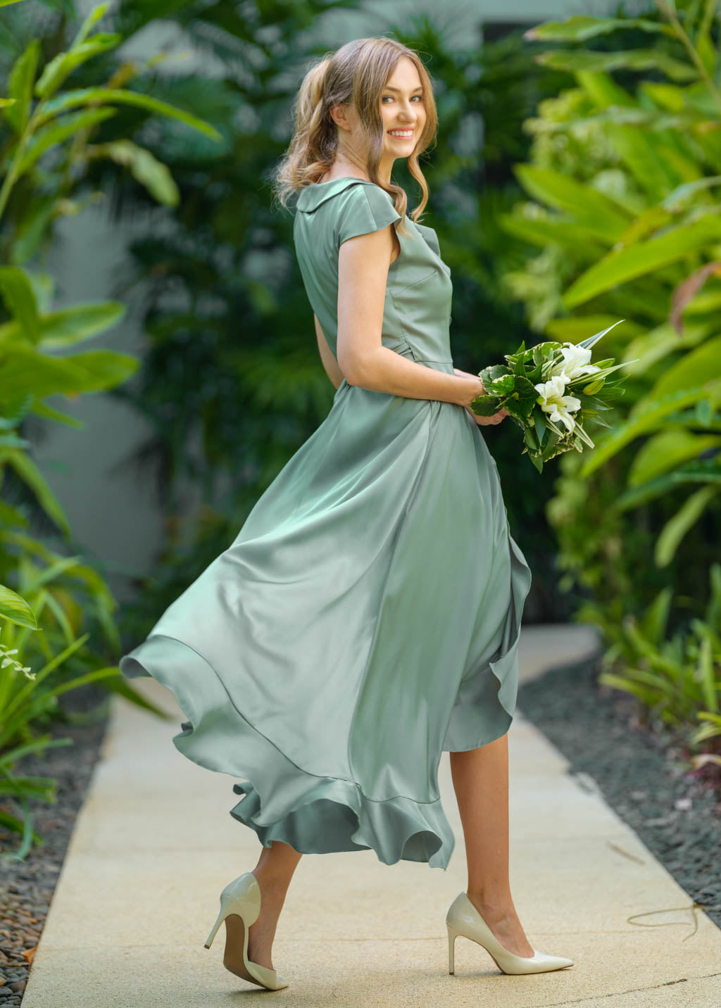 Sage green wrap silk dress