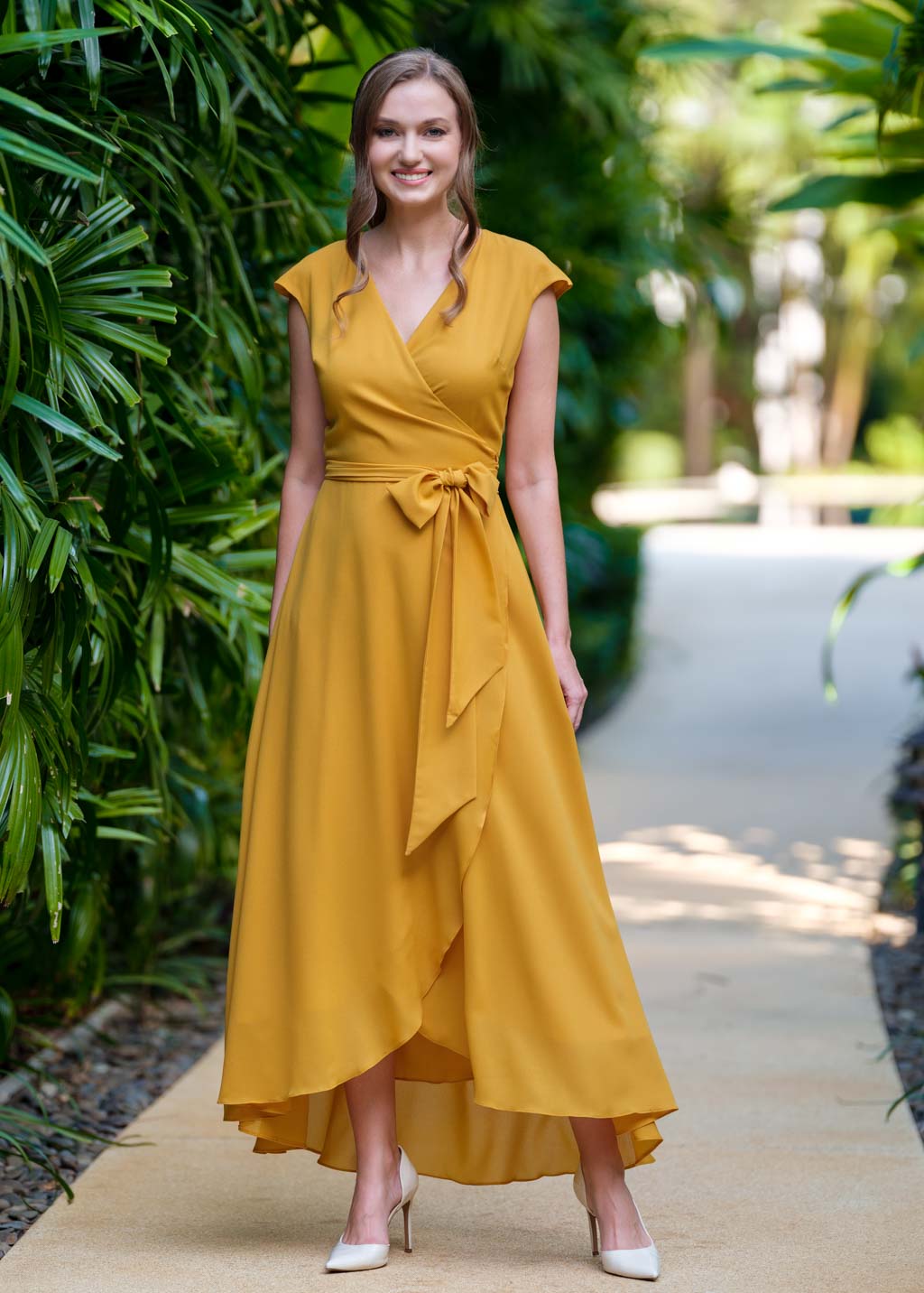 Gold chiffon wrap dress