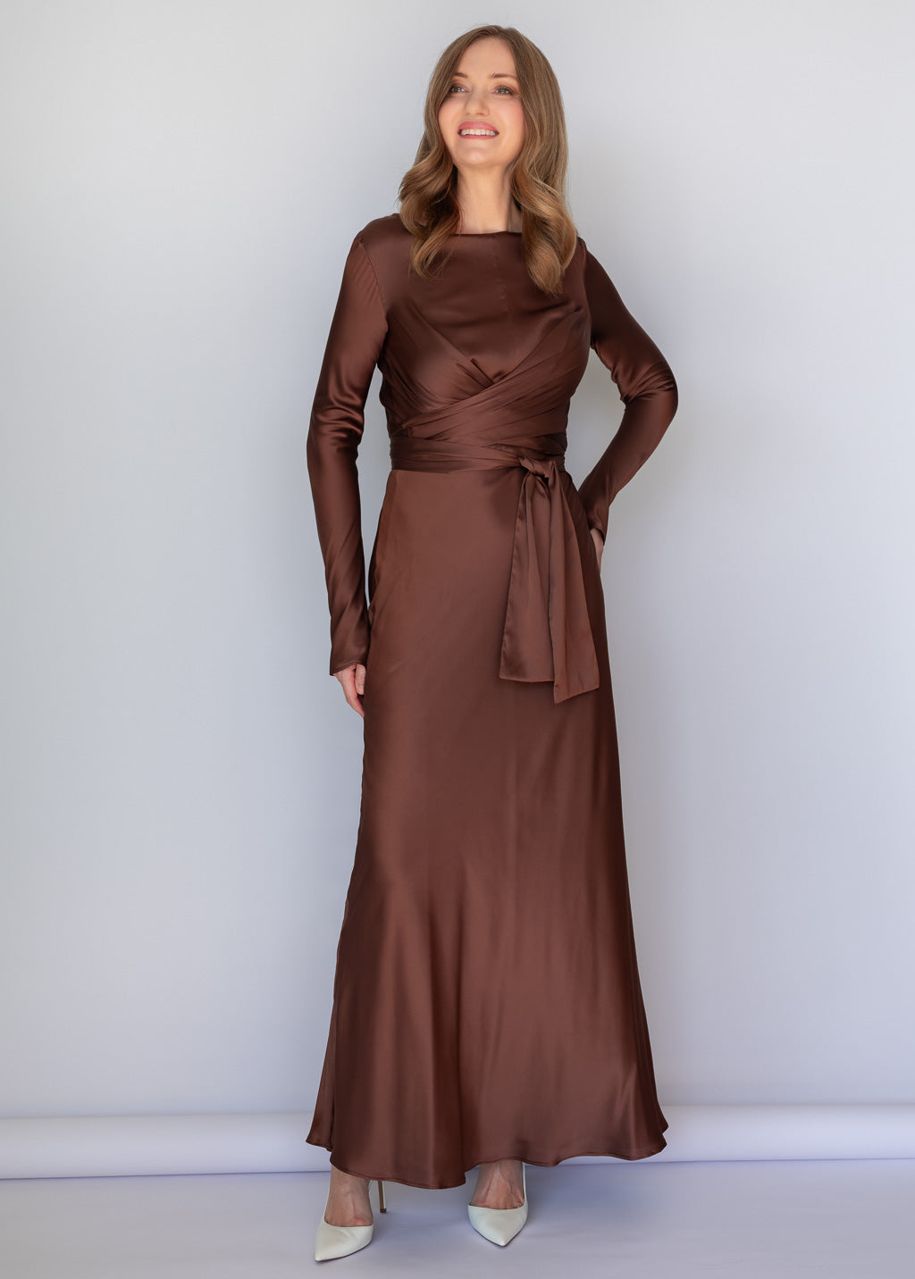 Chocolate Brown Versatile Belt Silk Long Dress