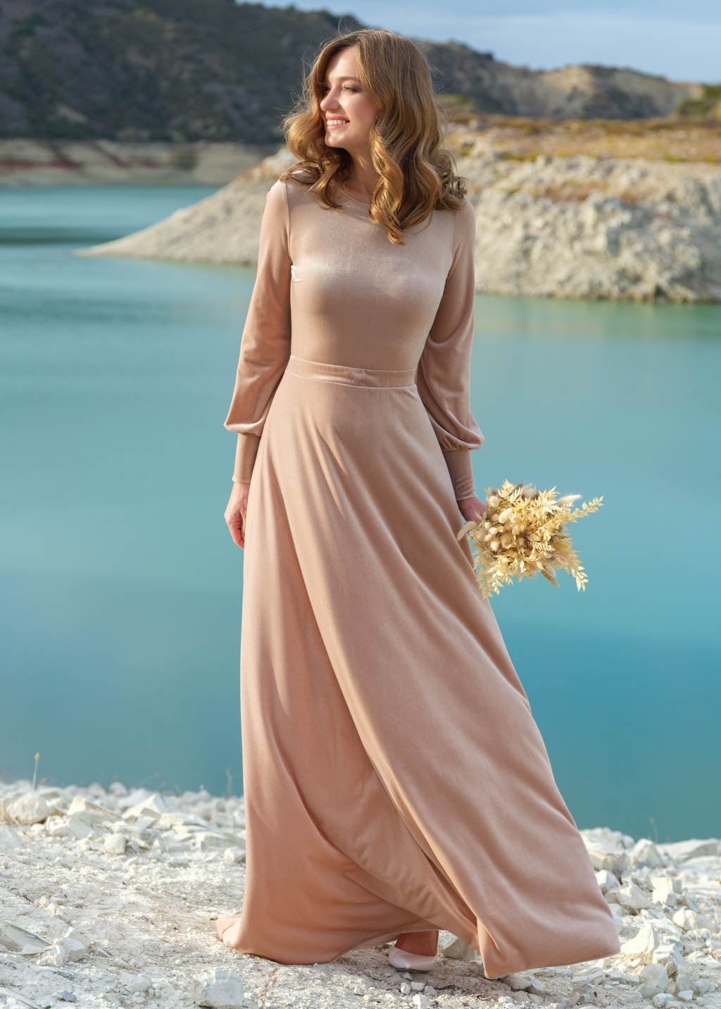 Champagne beige velvet long dress
