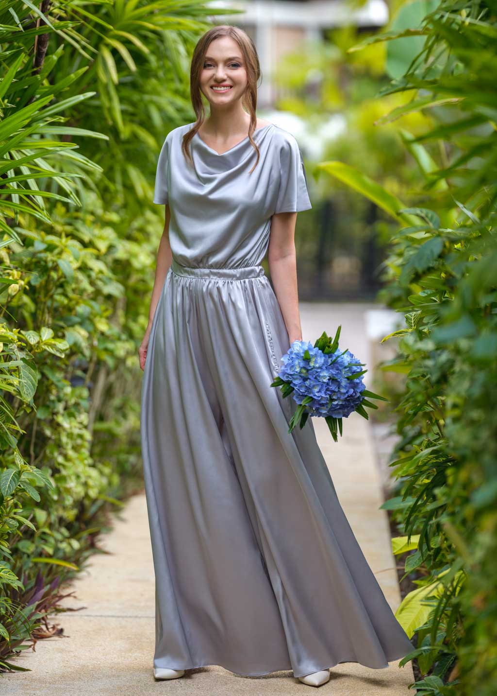 Silver grey silk jumpsuit