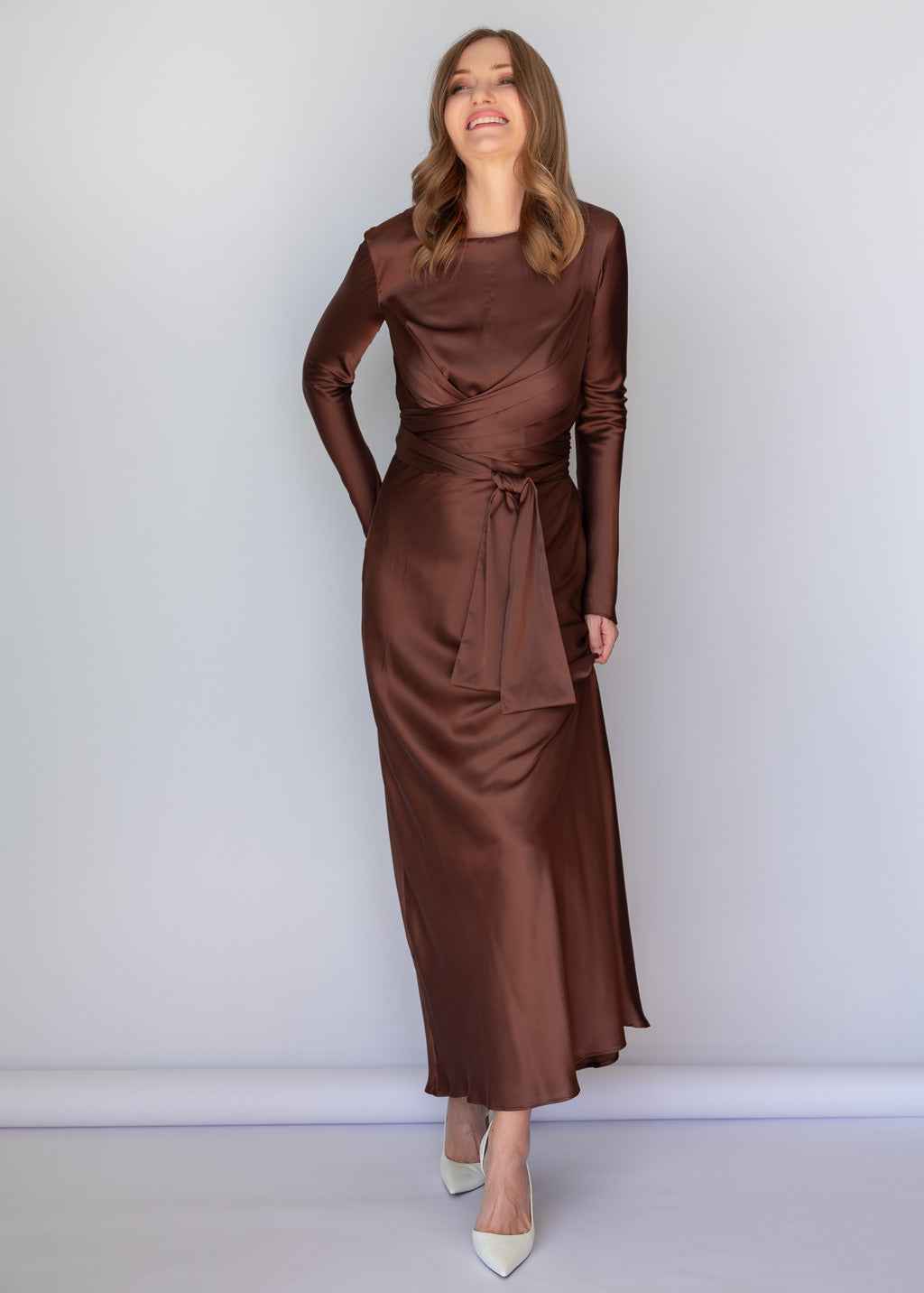 Chocolate Brown Versatile Belt Silk Long Dress