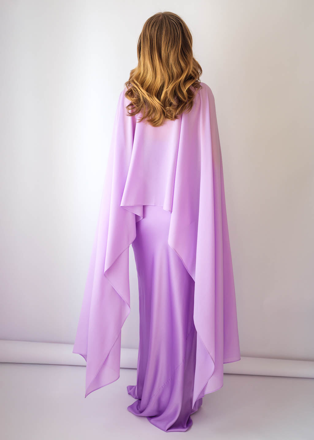 Lilac Bias Cut Silk Satin Maxi Dress with Chiffon Cape