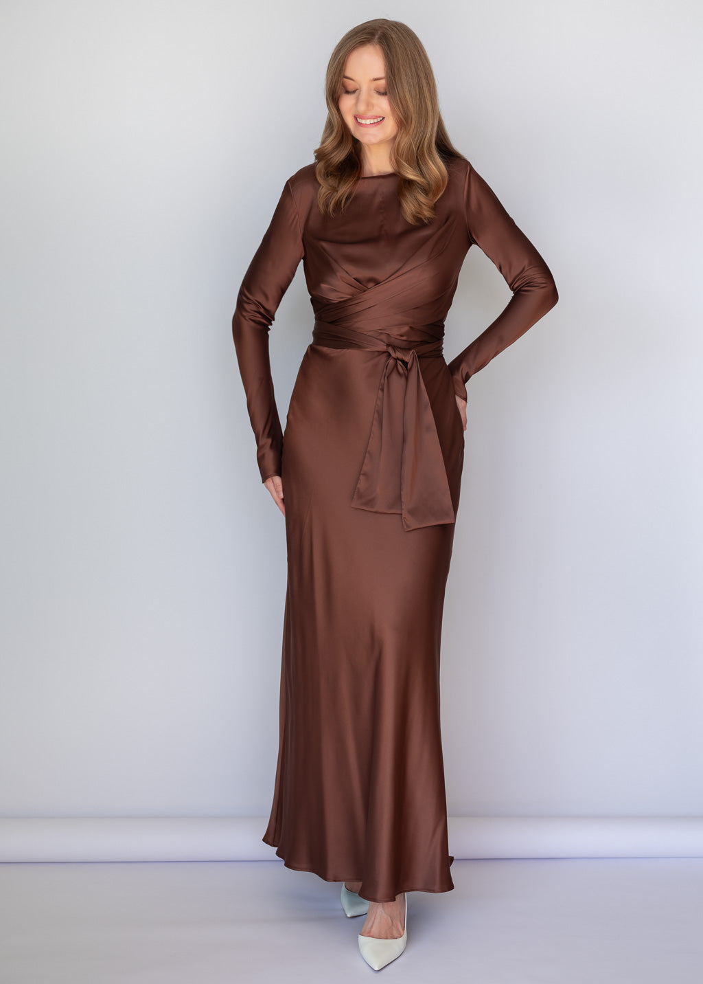Chocolate Brown Versatile Belt Silk Long Dress