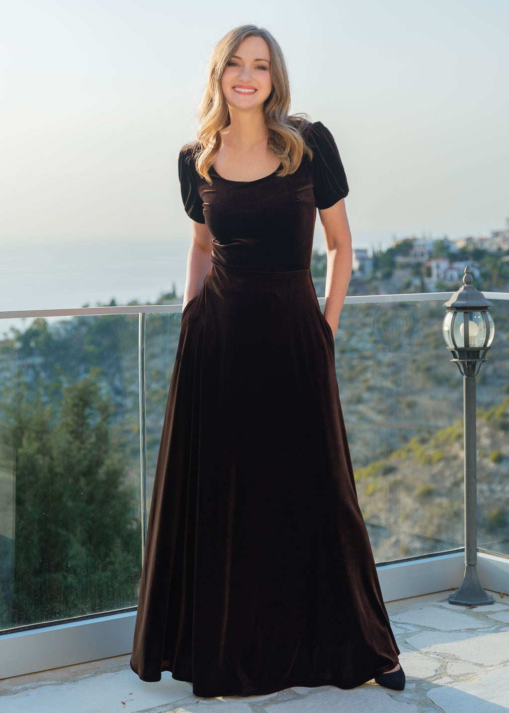 Velvet Maxi Dress with Pockets in Chocolate Brown