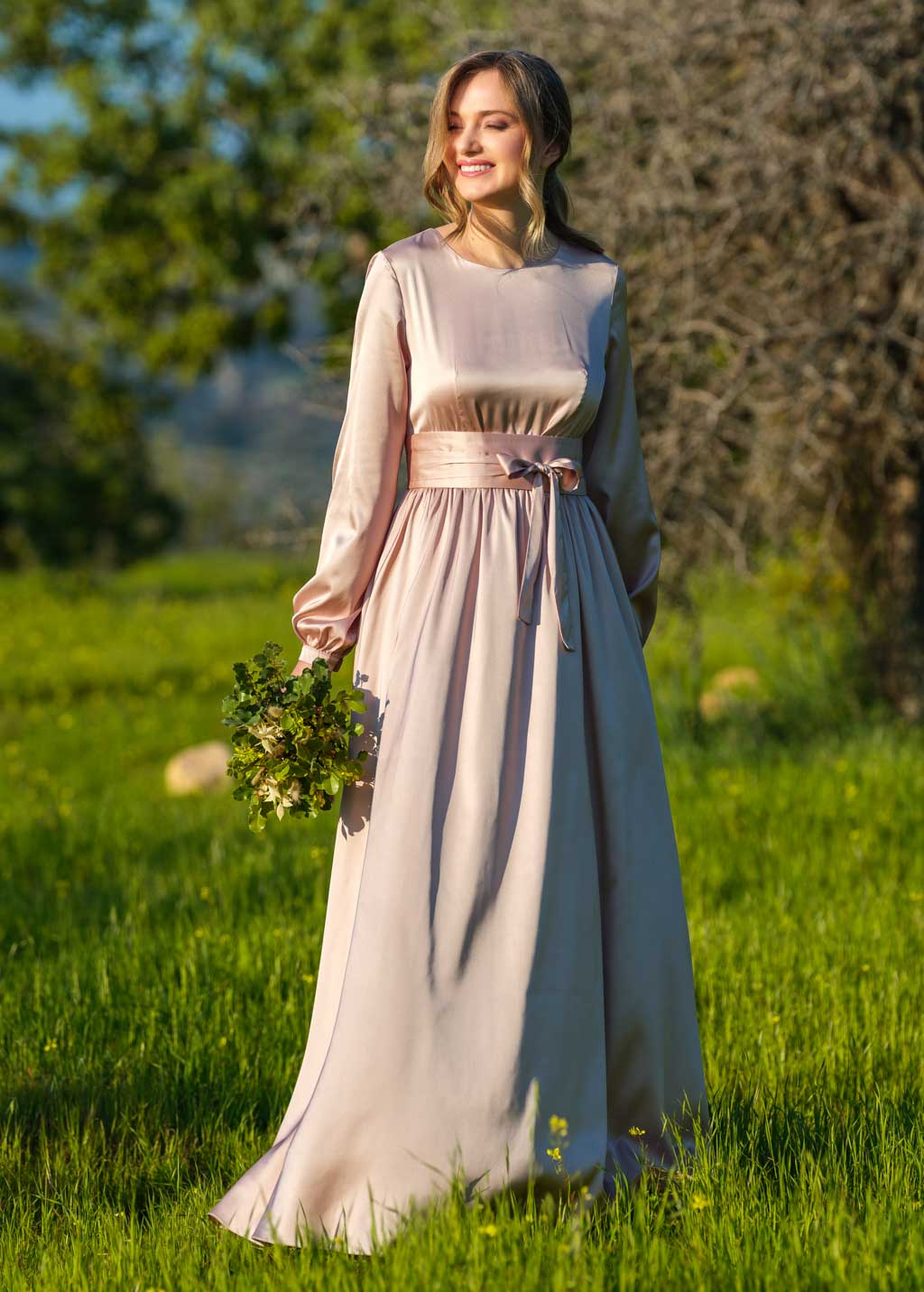 Champagne beige long silk dress with belt
