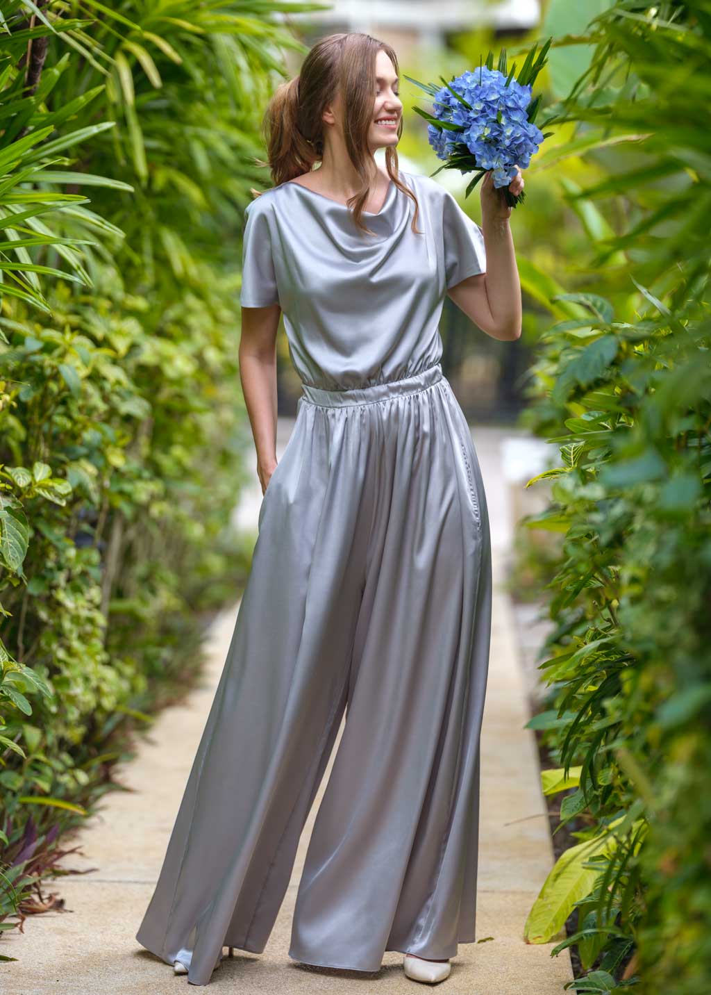 Silver grey silk jumpsuit