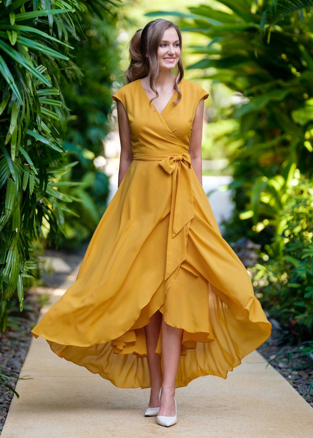 Gold chiffon wrap dress