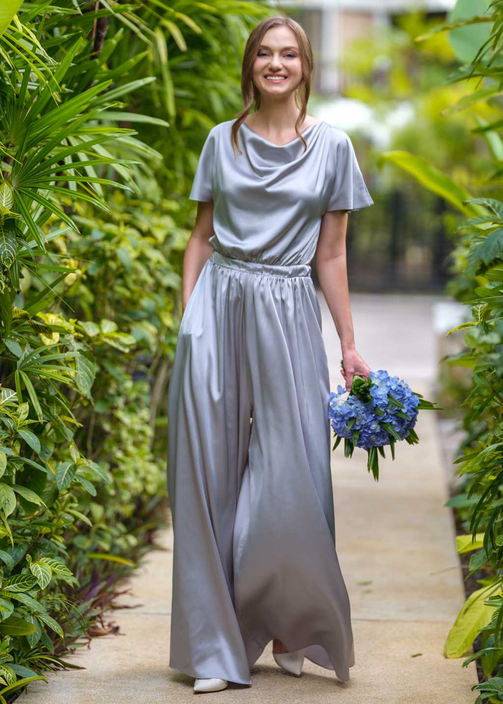 Silver grey silk jumpsuit