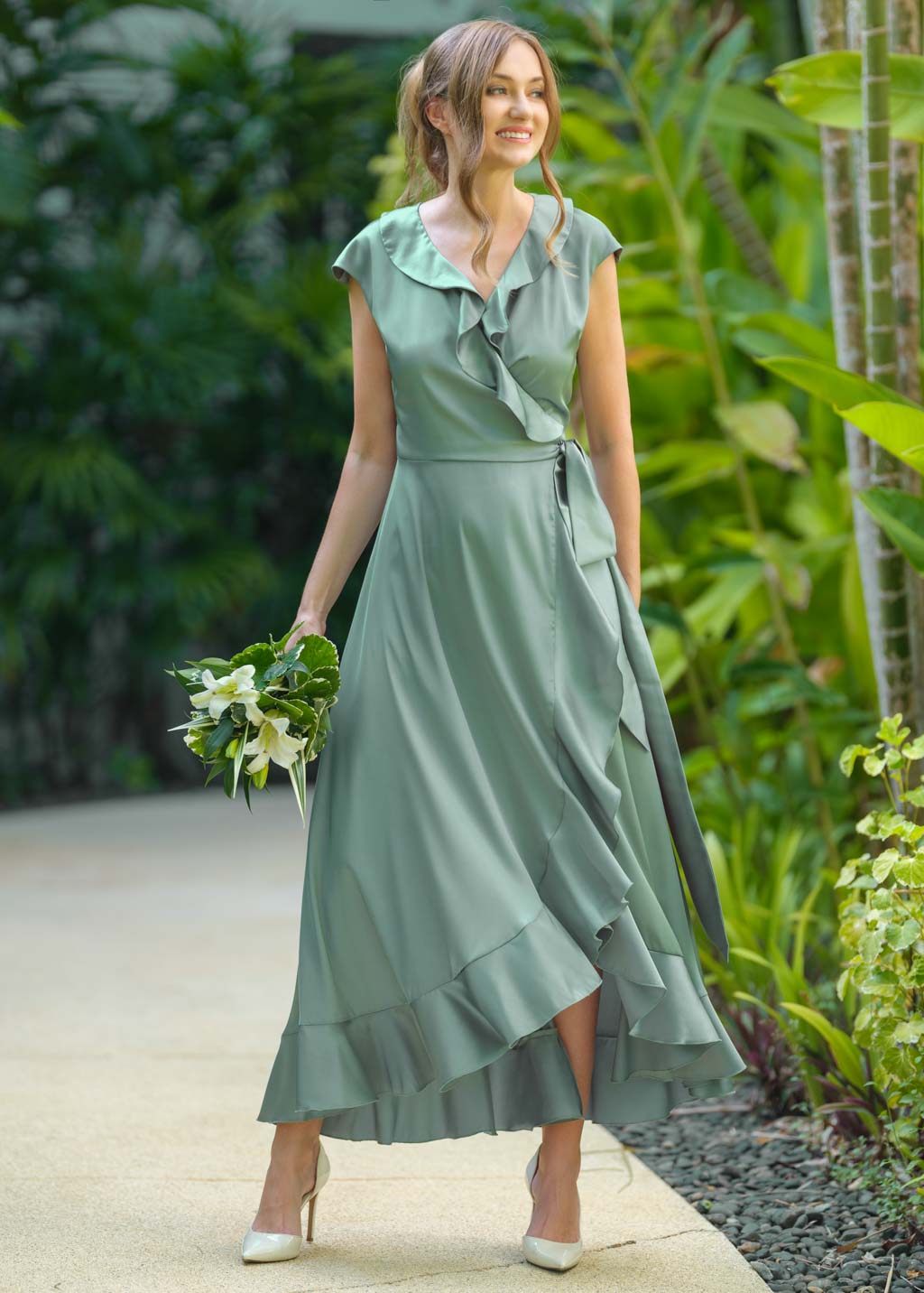 Sage green wrap silk dress