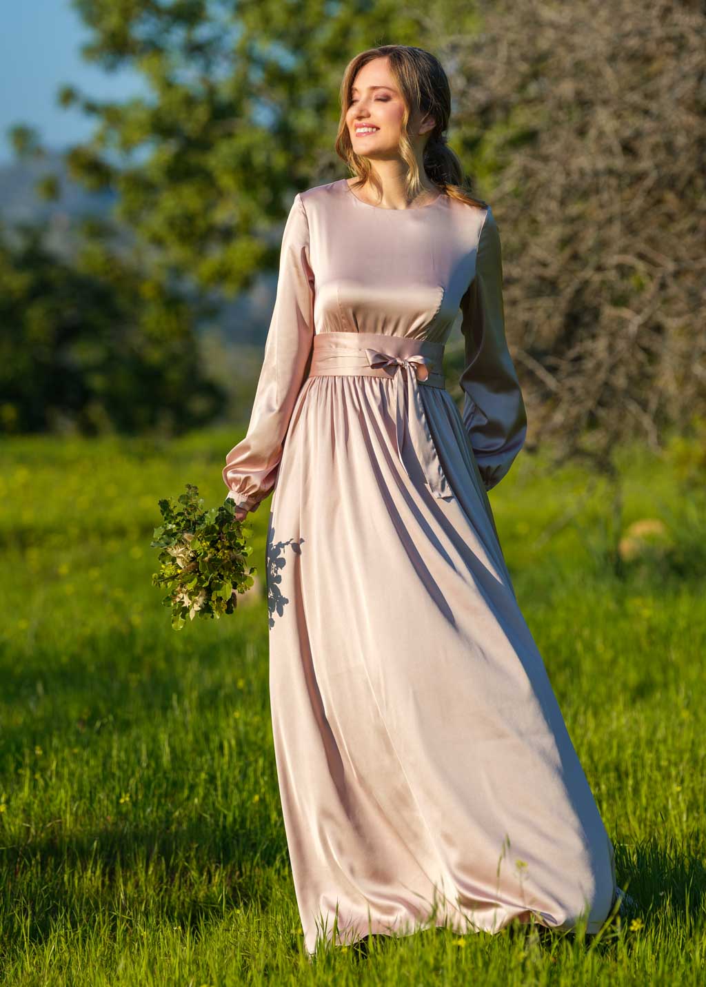 Champagne beige long silk dress with belt