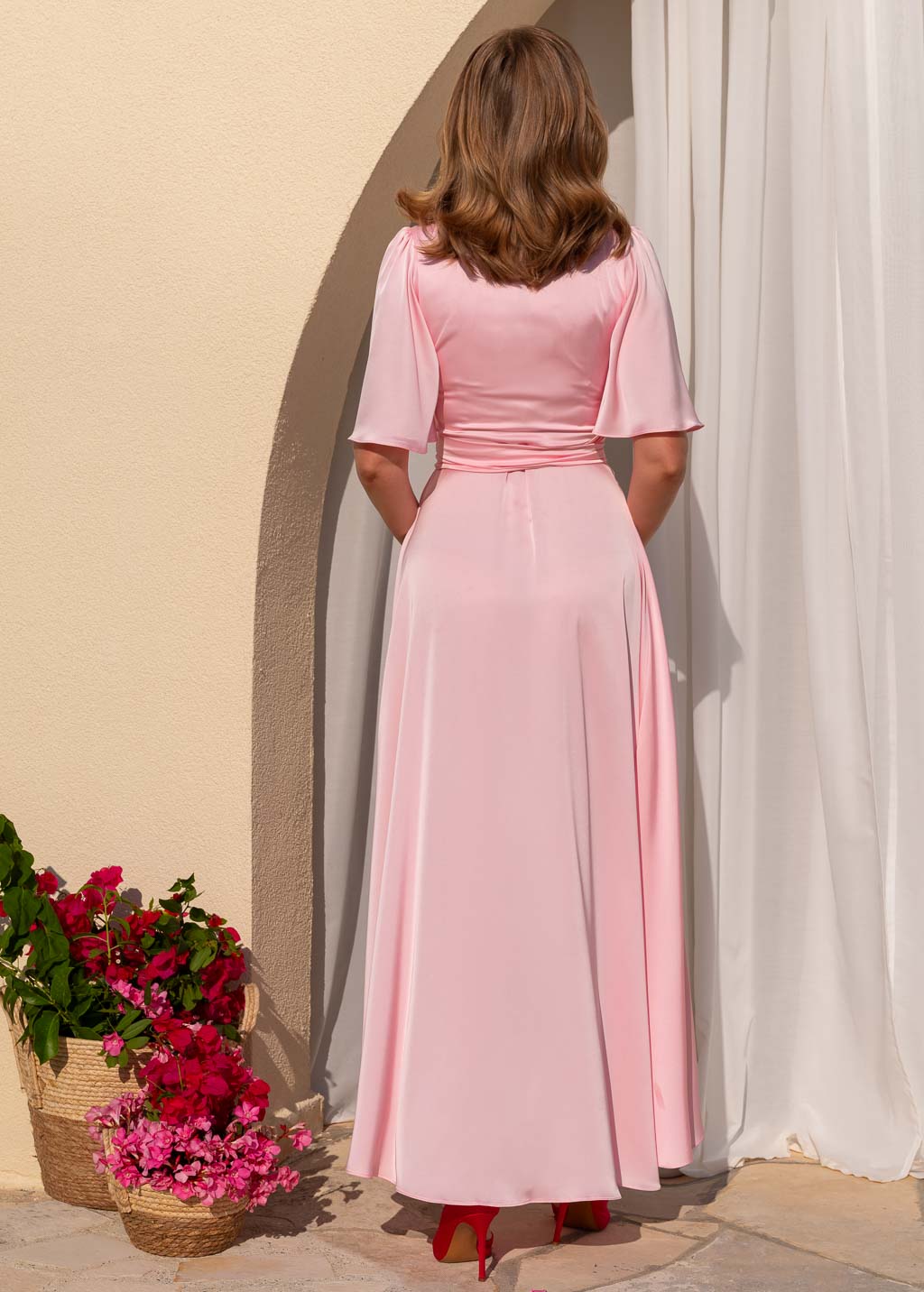 Baby pink silk long wrap dress