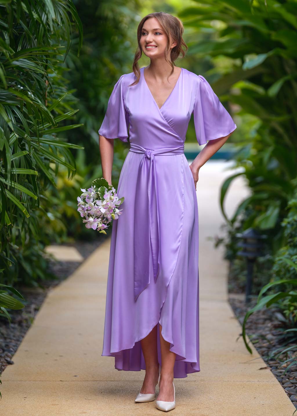 Lilac silk long wrap dress