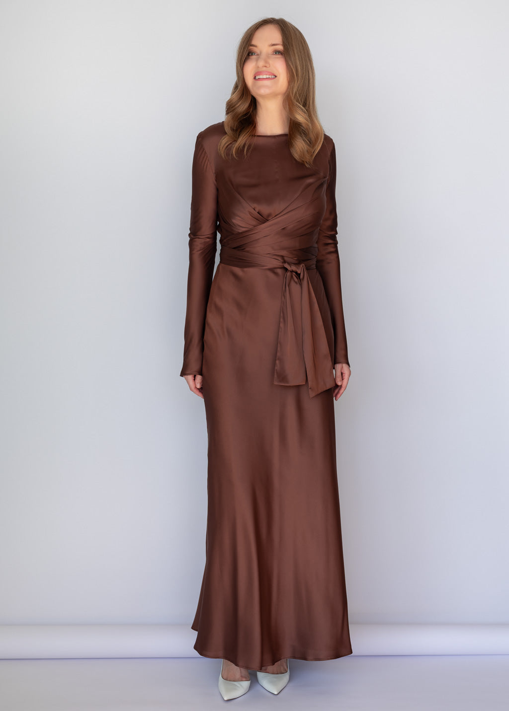Chocolate Brown Versatile Belt Silk Long Dress