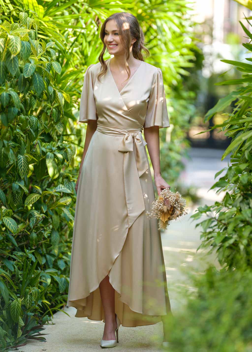 Champagne gold silk long wrap dress